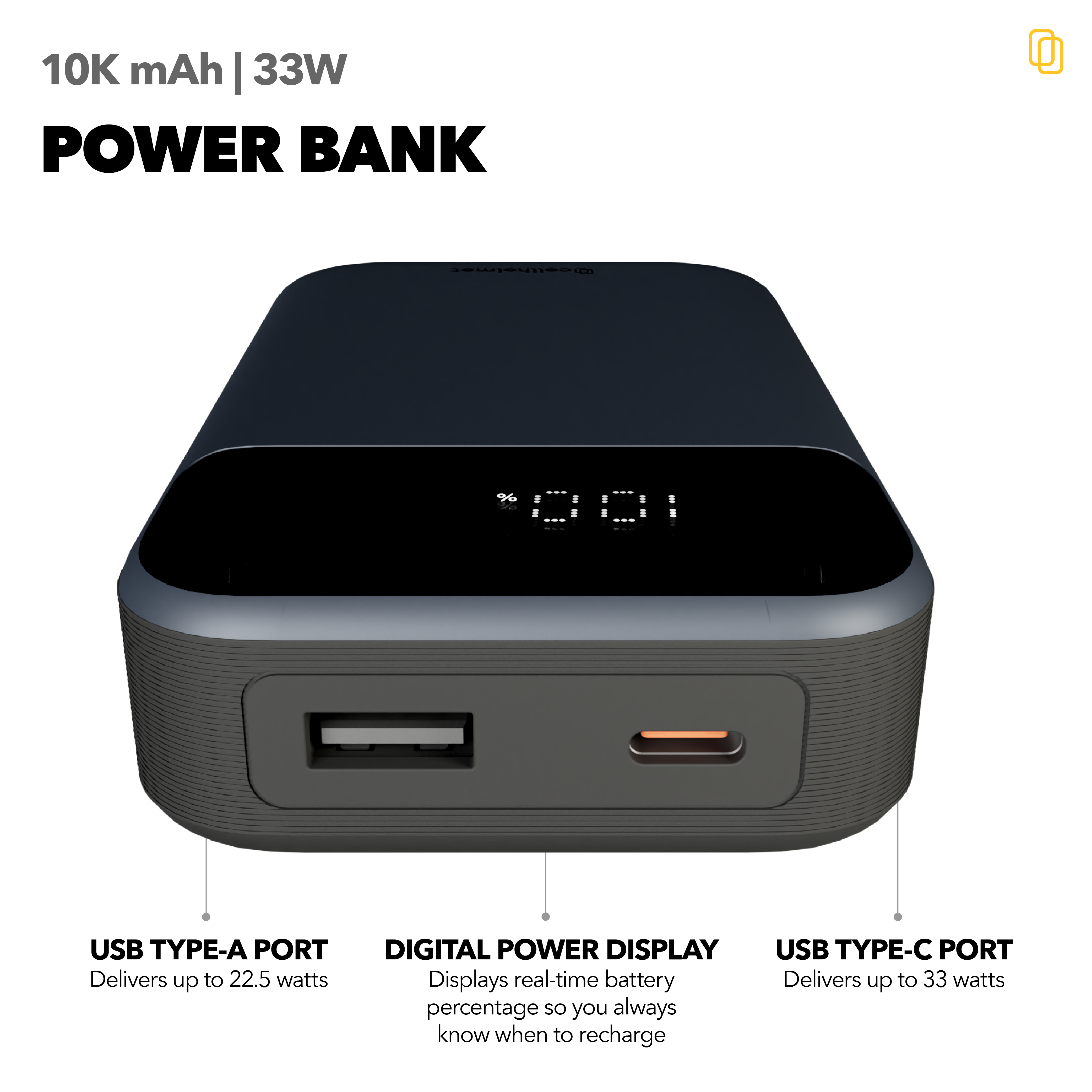 10K mAh Power Bank, 33W, 2 Ports (1 A, 1 C) & Charging Cable