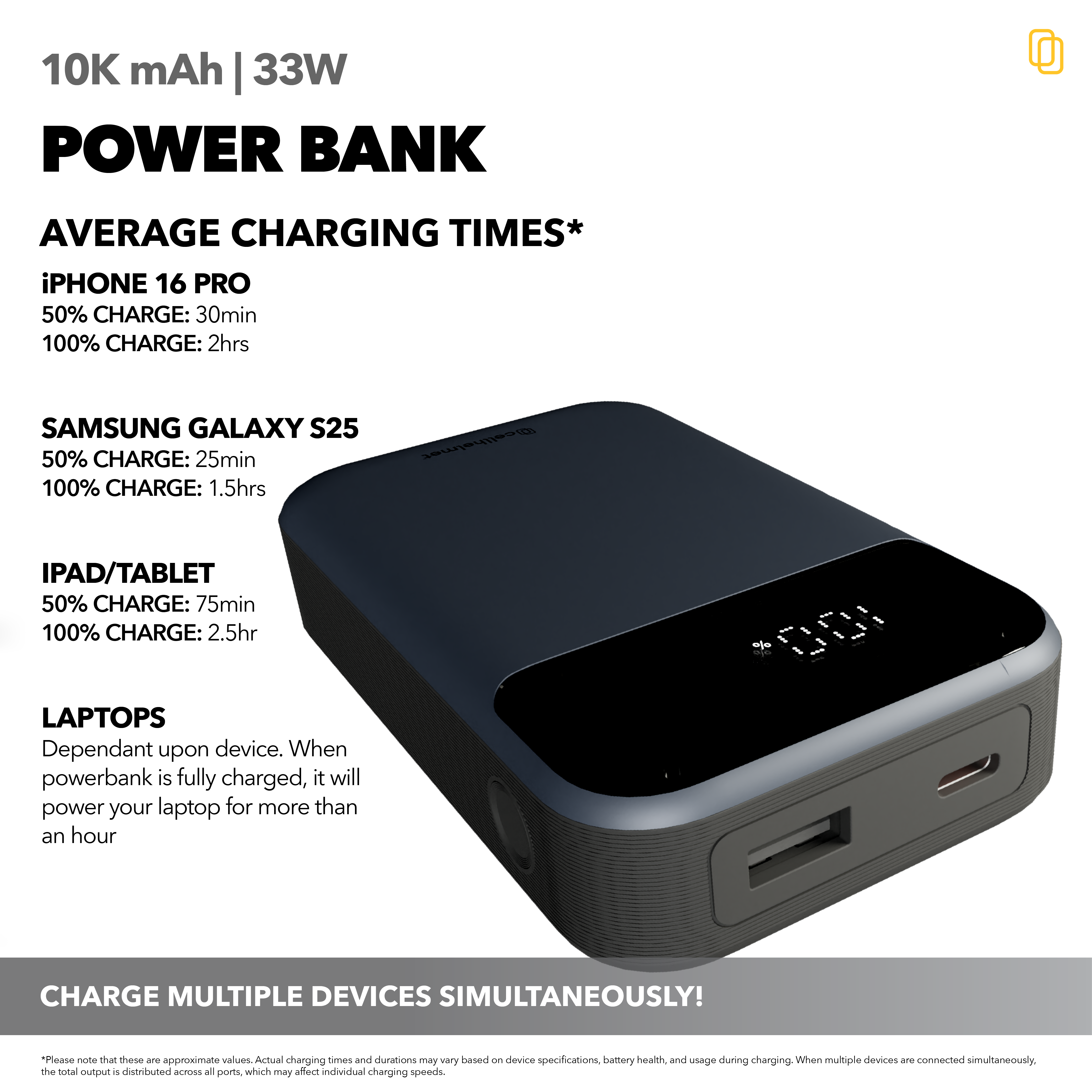 10K mAh Power Bank, 33W, 2 Ports (1 A, 1 C) & Charging Cable