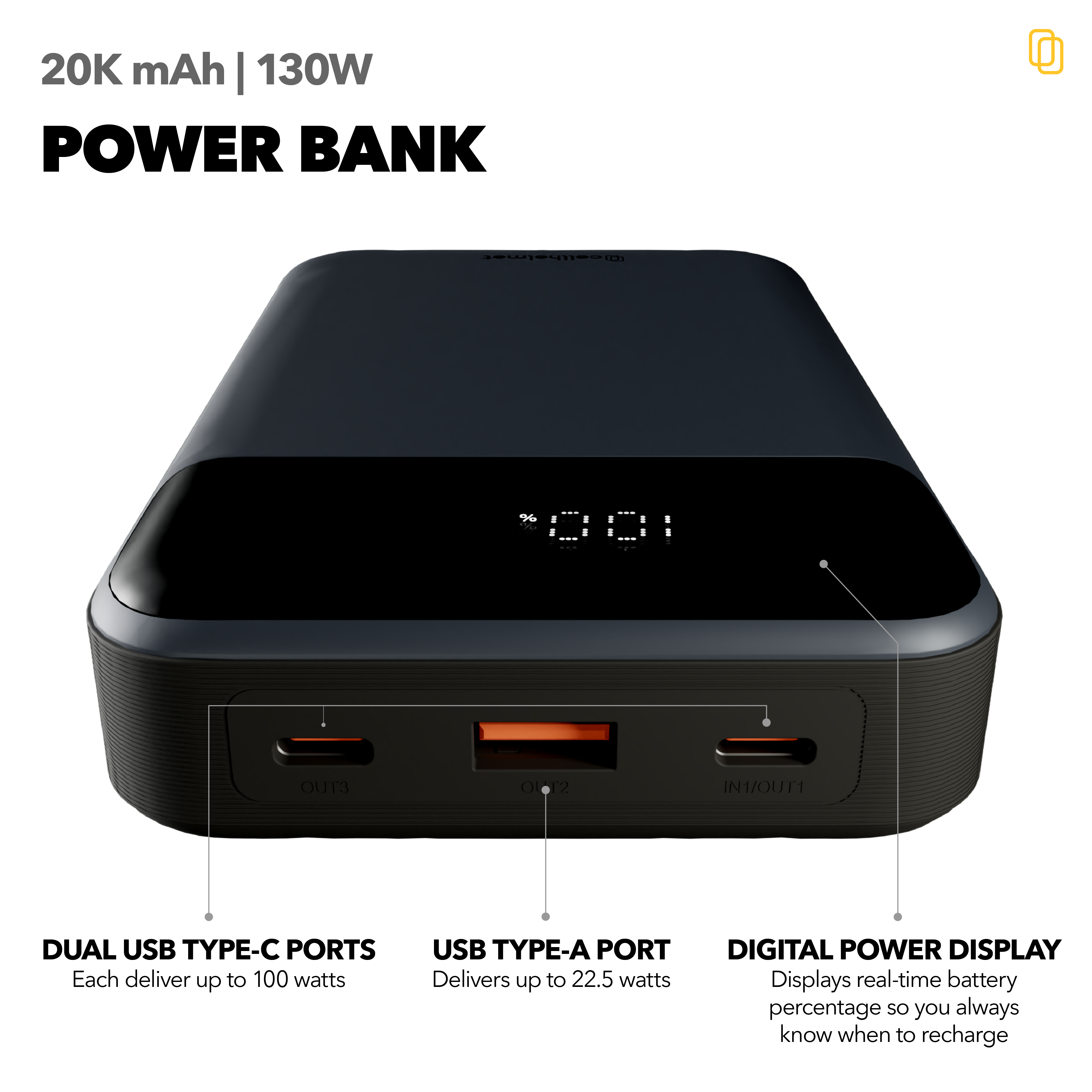 20K mAh Power Bank, 130W, 3 Ports (2 C, 1 A) & Charging Cable