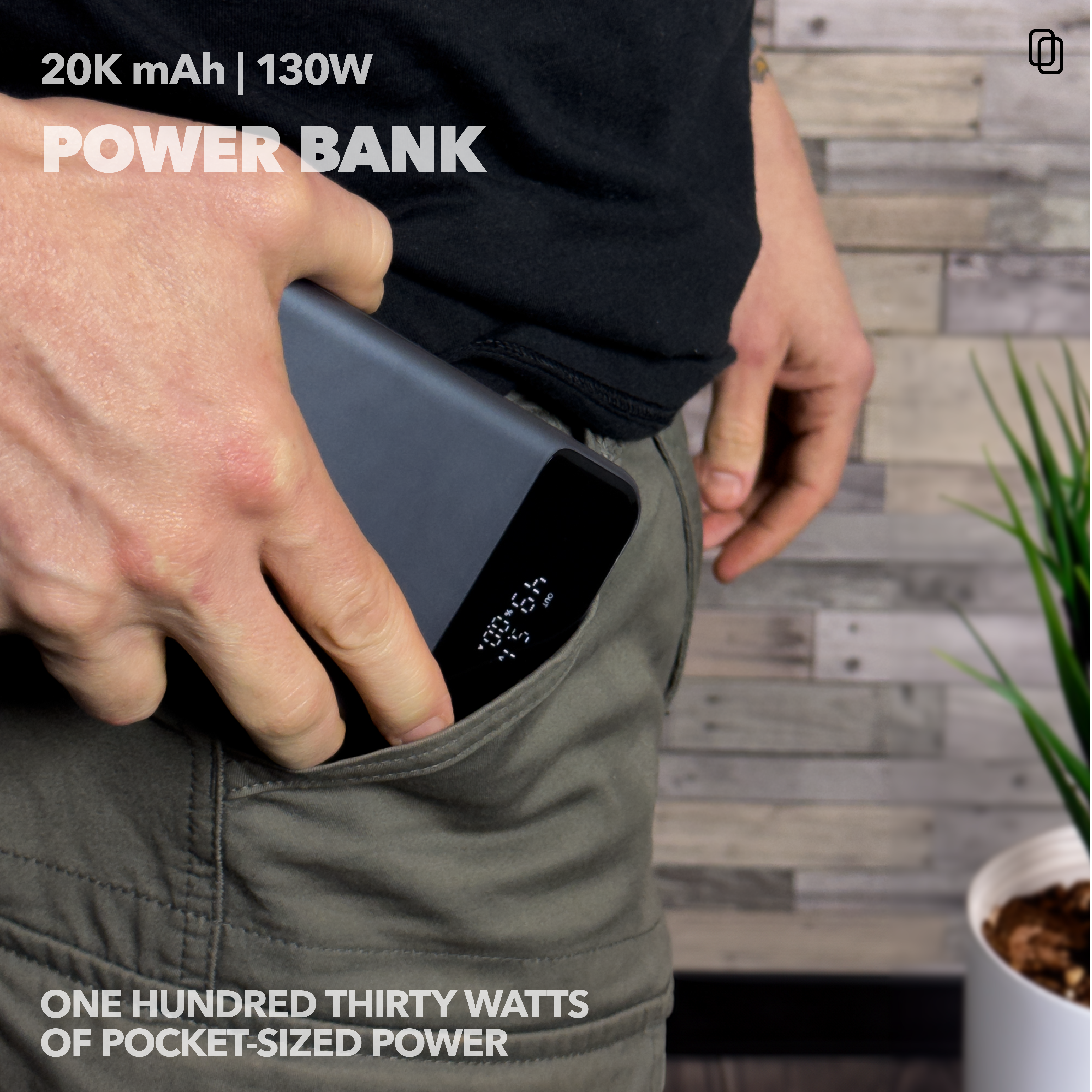 20K mAh Power Bank, 130W, 3 Ports (2 C, 1 A) & Charging Cable