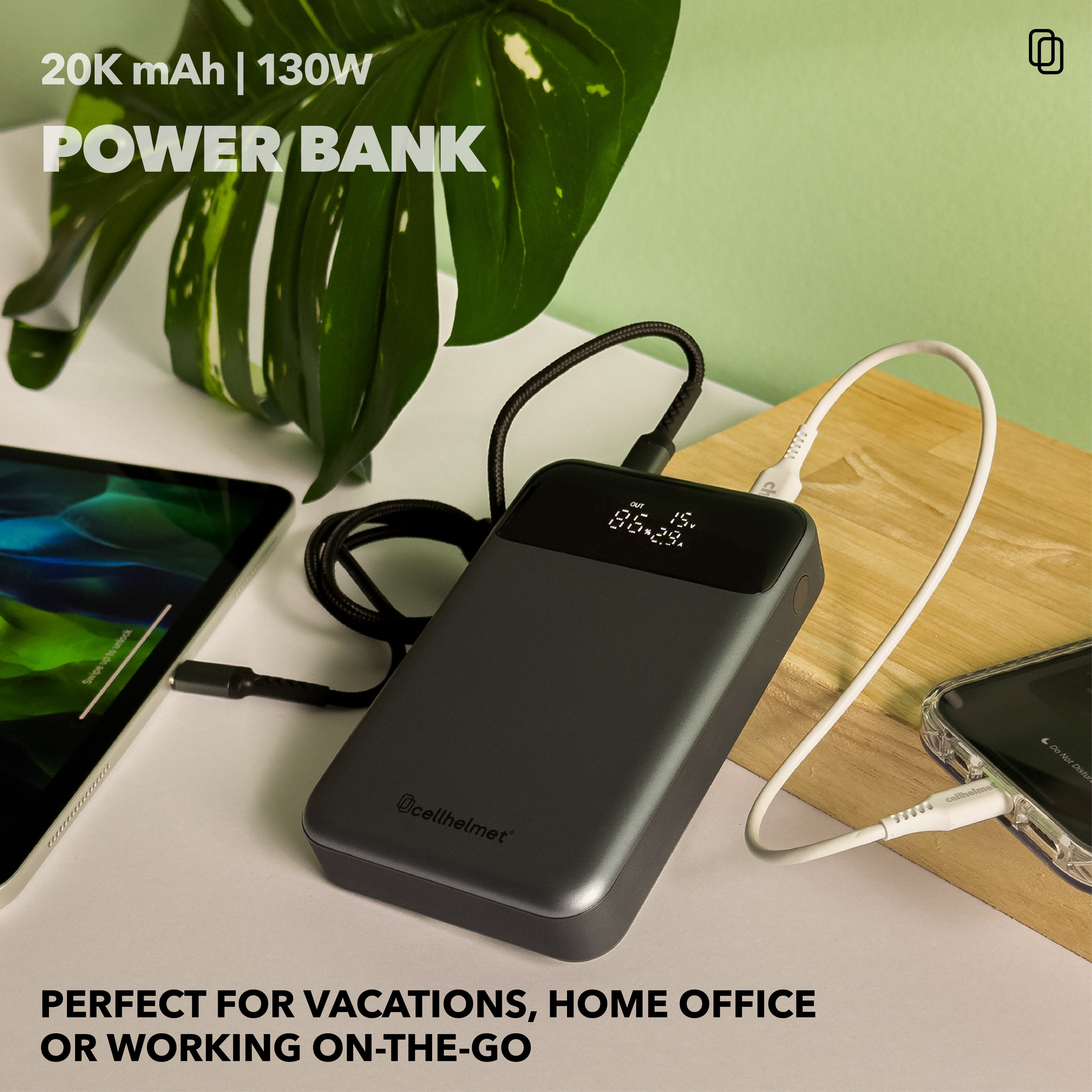 20K mAh Power Bank, 130W, 3 Ports (2 C, 1 A) & Charging Cable