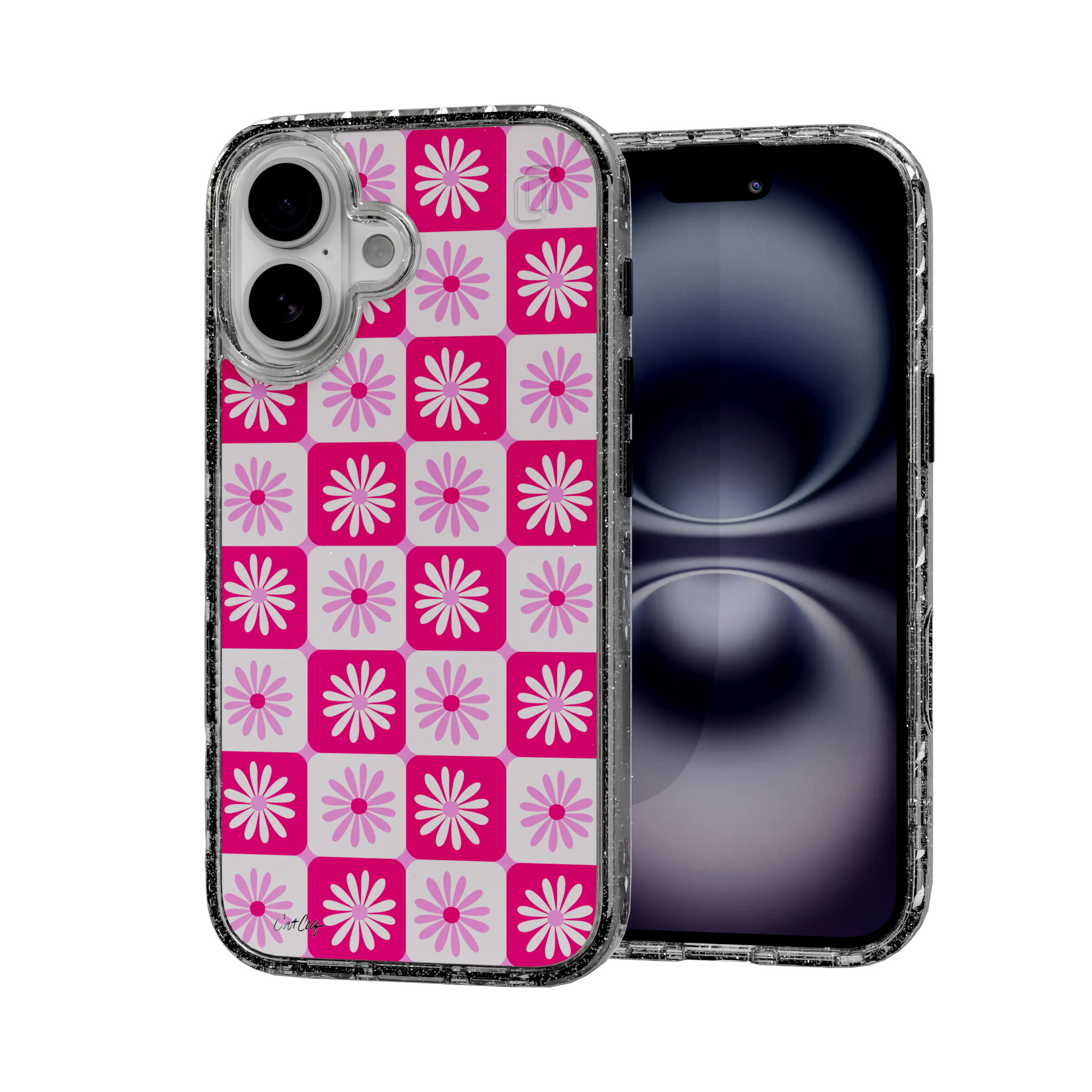 Checkered Daisies by CatCoq | iPhone 16 Series |  MagSafe® Case iPhone 16 / Crystal Clear Sparkle