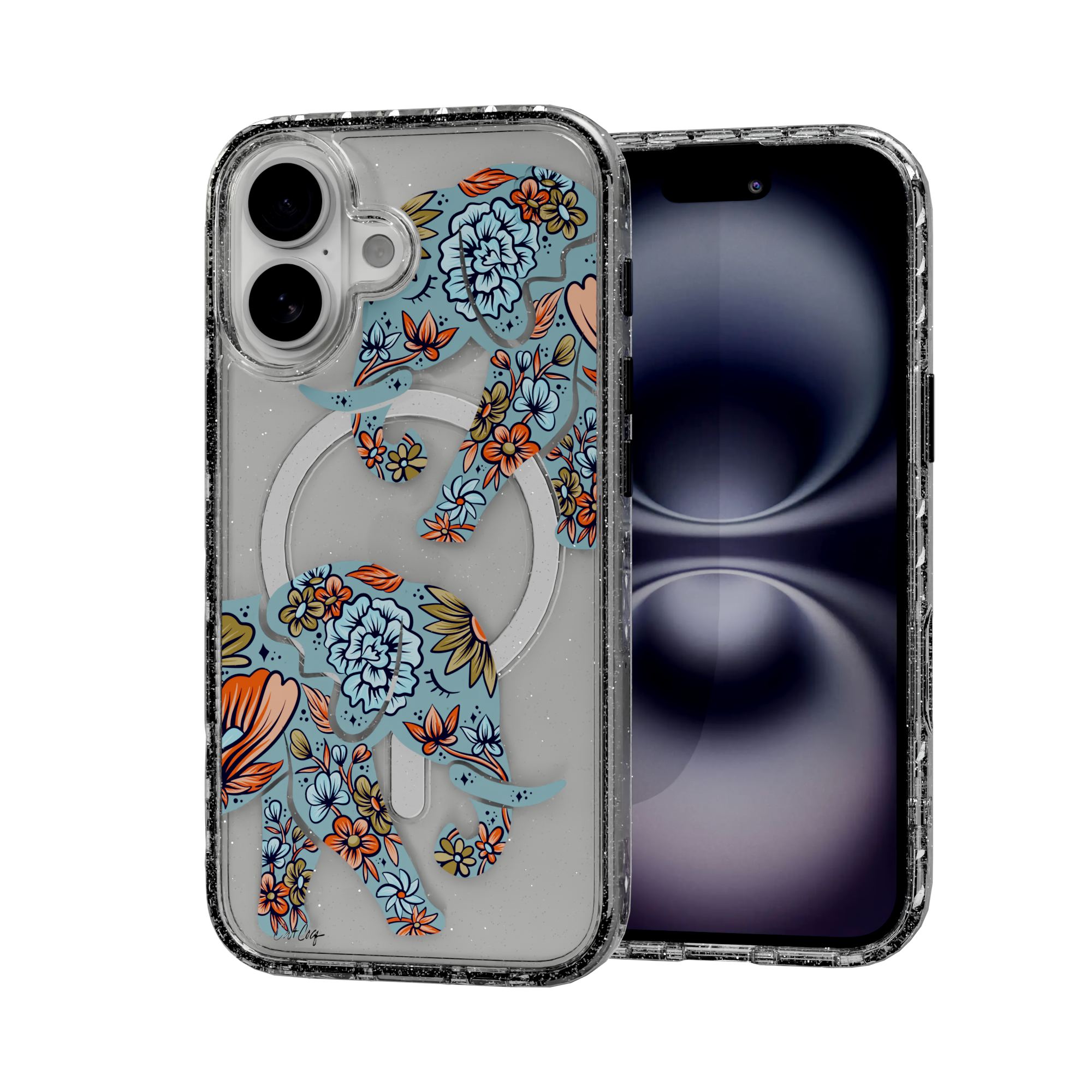 Porcelain Elephant by CatCoq | iPhone 16 Series |  MagSafe® Case iPhone 16 / Crystal Clear Sparkle