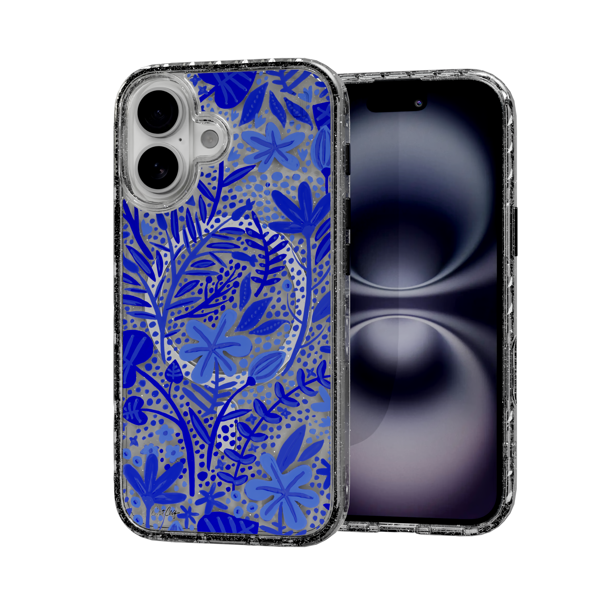 Garden Navy by CatCoq | iPhone 16 Series |  MagSafe® Case iPhone 16 / Crystal Clear Sparkle