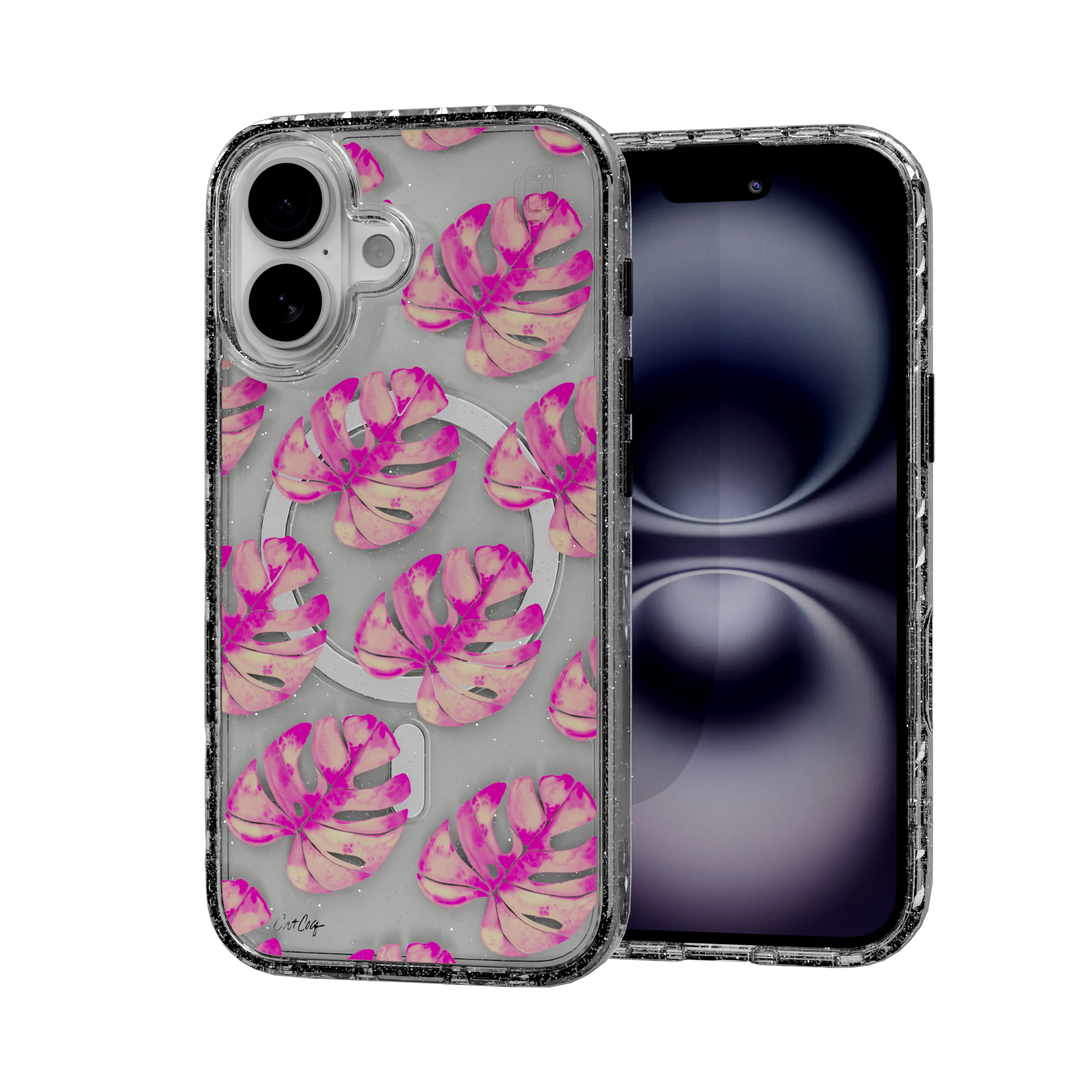 Pink Monstera by CatCoq | iPhone 16 Series |  MagSafe® Case iPhone 16 / Crystal Clear Sparkle