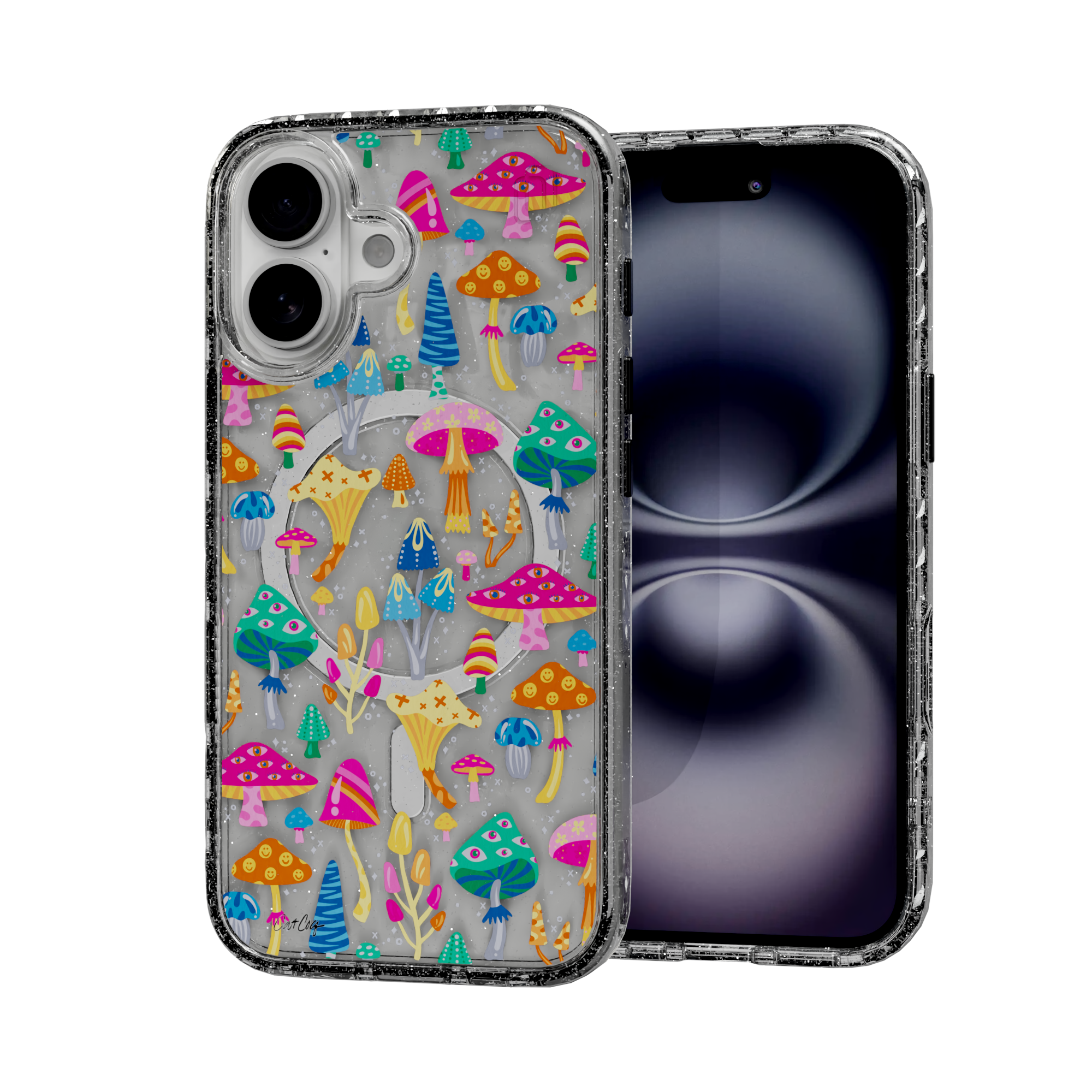 Mystic Mushrooms by CatCoq | iPhone 16 Series |  MagSafe® Case iPhone 16 / Crystal Clear Sparkle