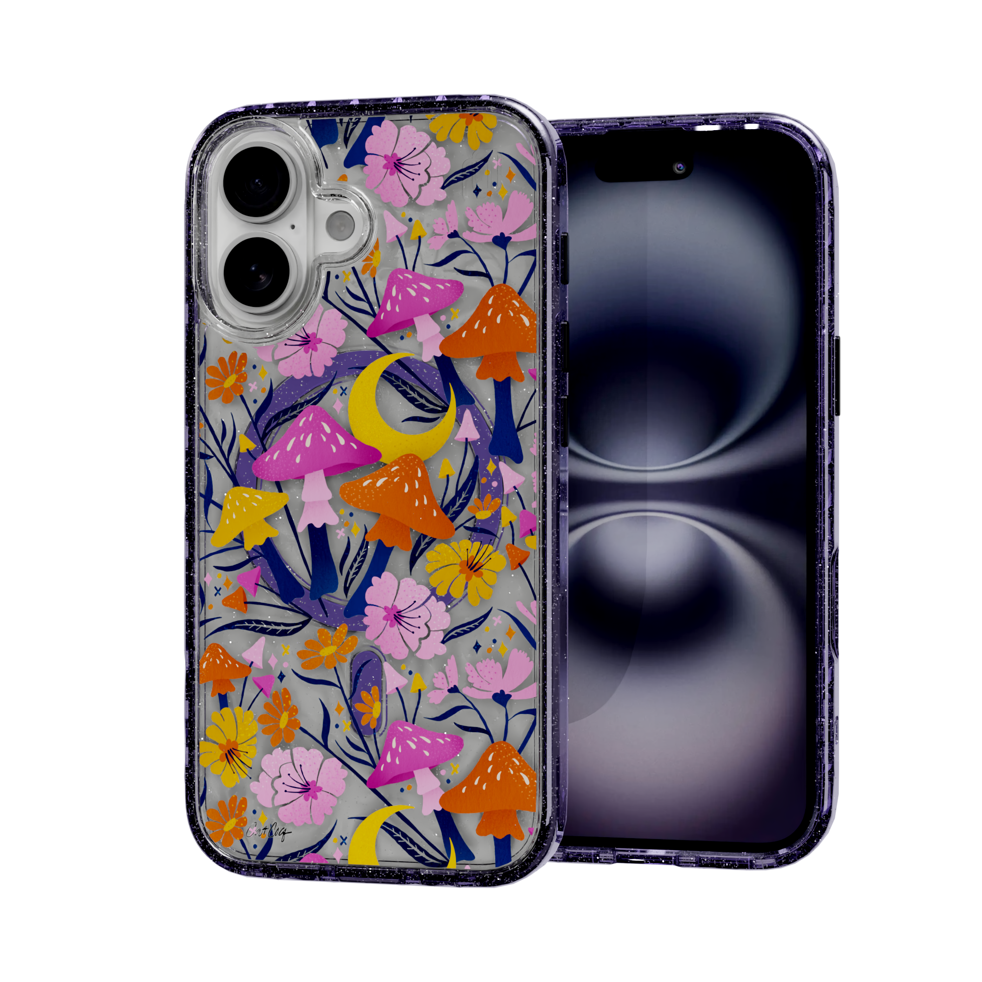 Blooms and Shrooms by CatCoq | iPhone 16 Series |  MagSafe® Case iPhone 16 / Lilac Purple Sparkle