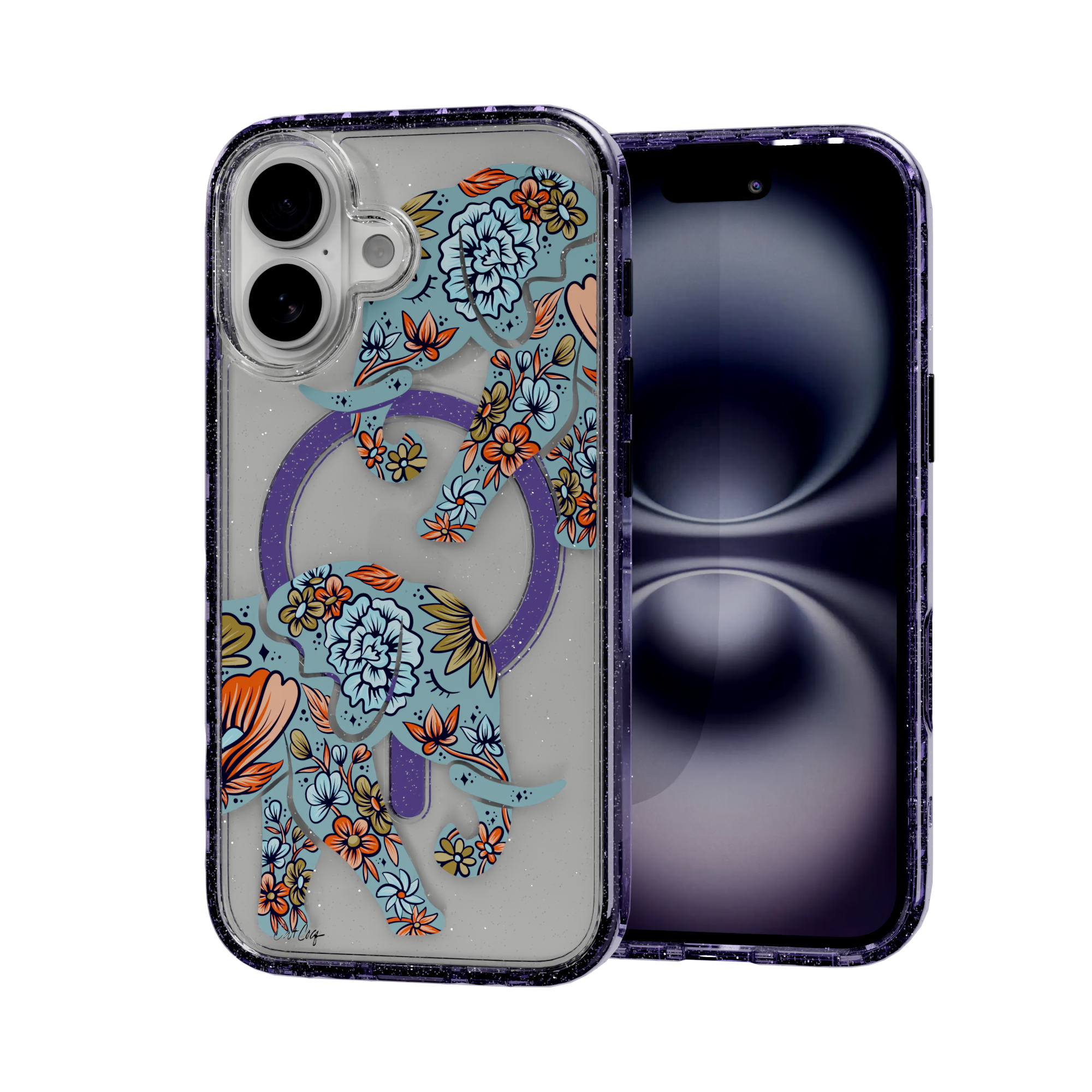 Porcelain Elephant by CatCoq | iPhone 16 Series |  MagSafe® Case iPhone 16 / Lilac Purple Sparkle