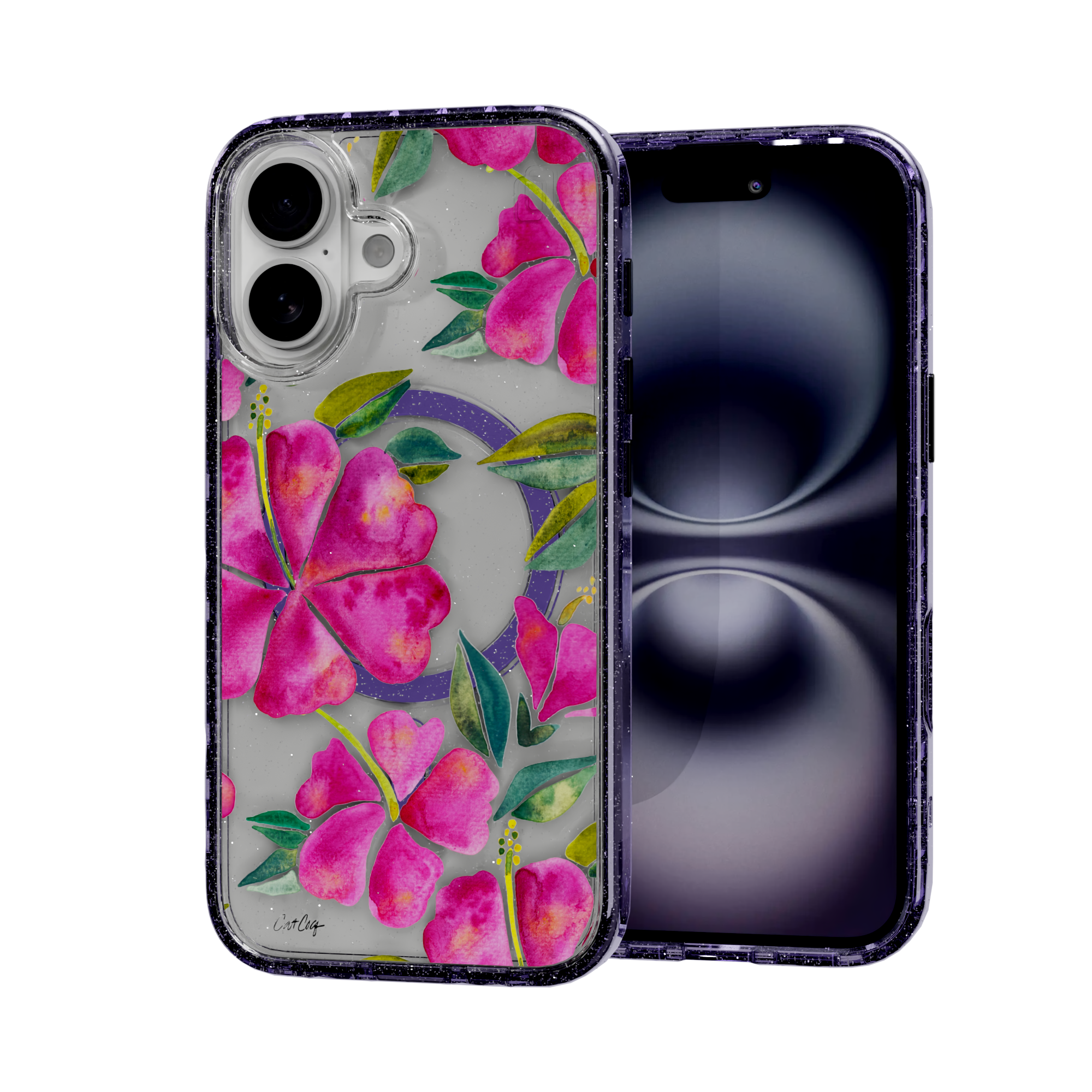 Hibiscus Bloom by CatCoq | iPhone 16 Series |  MagSafe® Case iPhone 16 / Lilac Purple Sparkle