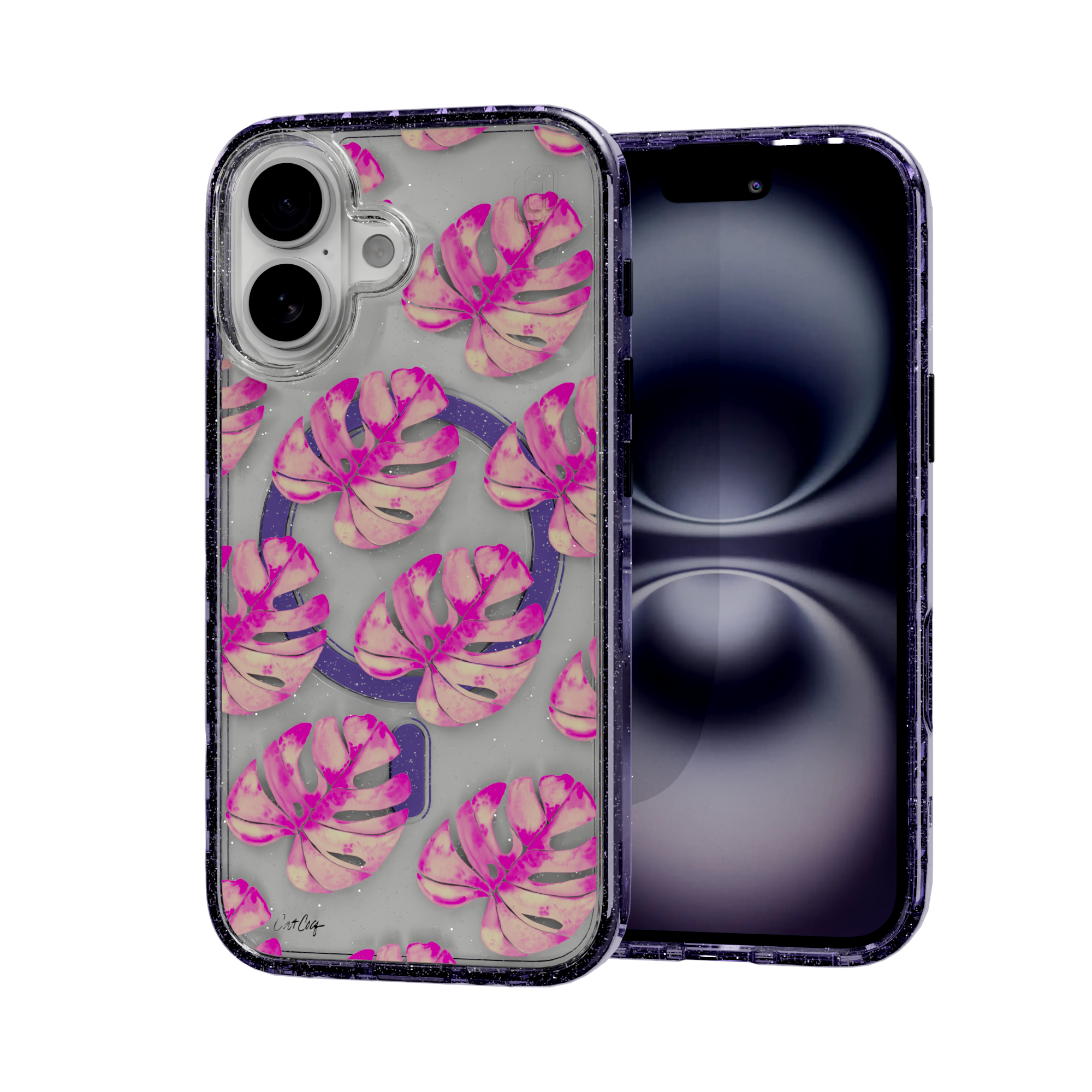 Pink Monstera by CatCoq | iPhone 16 Series |  MagSafe® Case iPhone 16 / Lilac Purple Sparkle