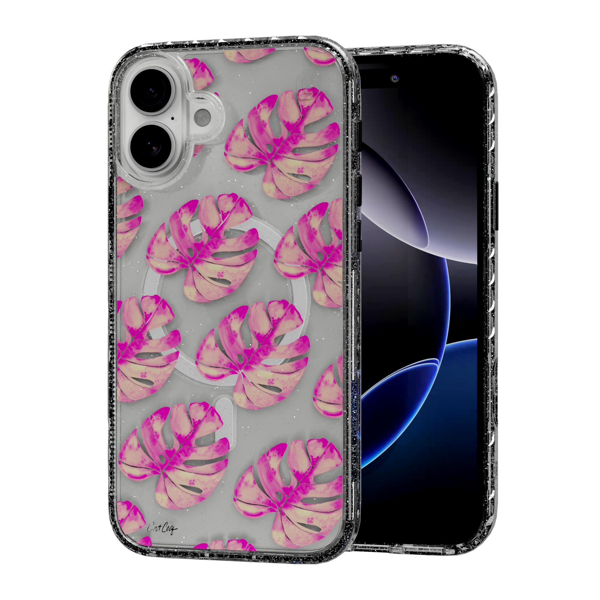 Pink Monstera by CatCoq | iPhone 16 Series |  MagSafe® Case iPhone 16 Plus / Crystal Clear Sparkle