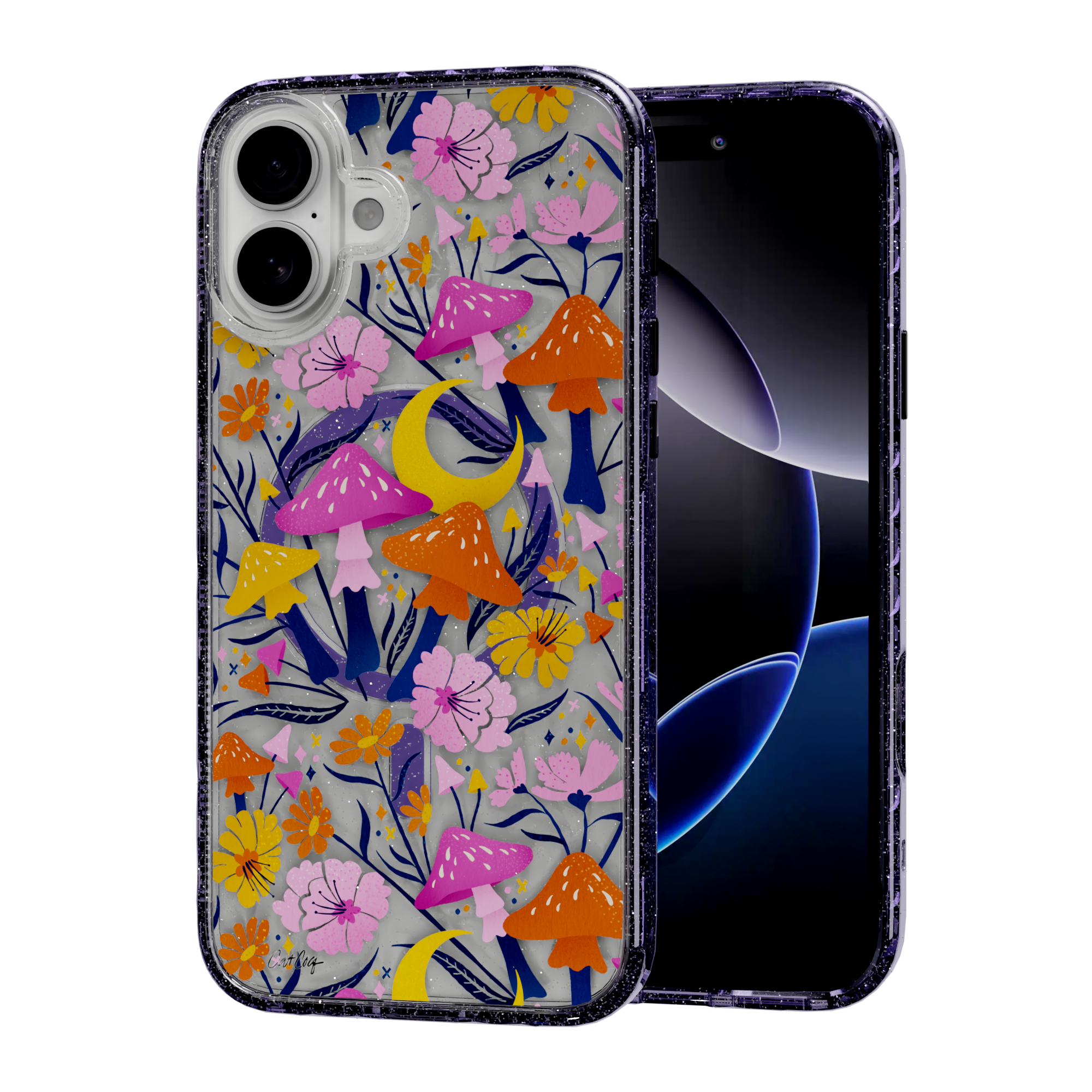 Blooms and Shrooms by CatCoq | iPhone 16 Series |  MagSafe® Case iPhone 16 Plus / Lilac Purple Sparkle