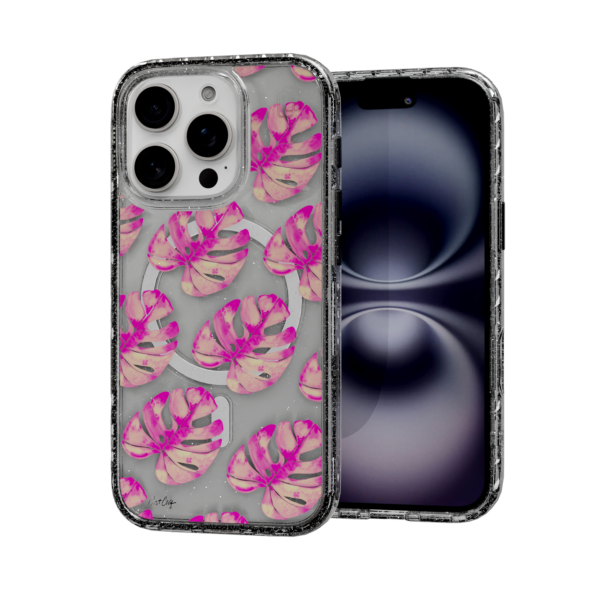 Pink Monstera by CatCoq | iPhone 16 Series |  MagSafe® Case iPhone 16 Pro / Crystal Clear Sparkle