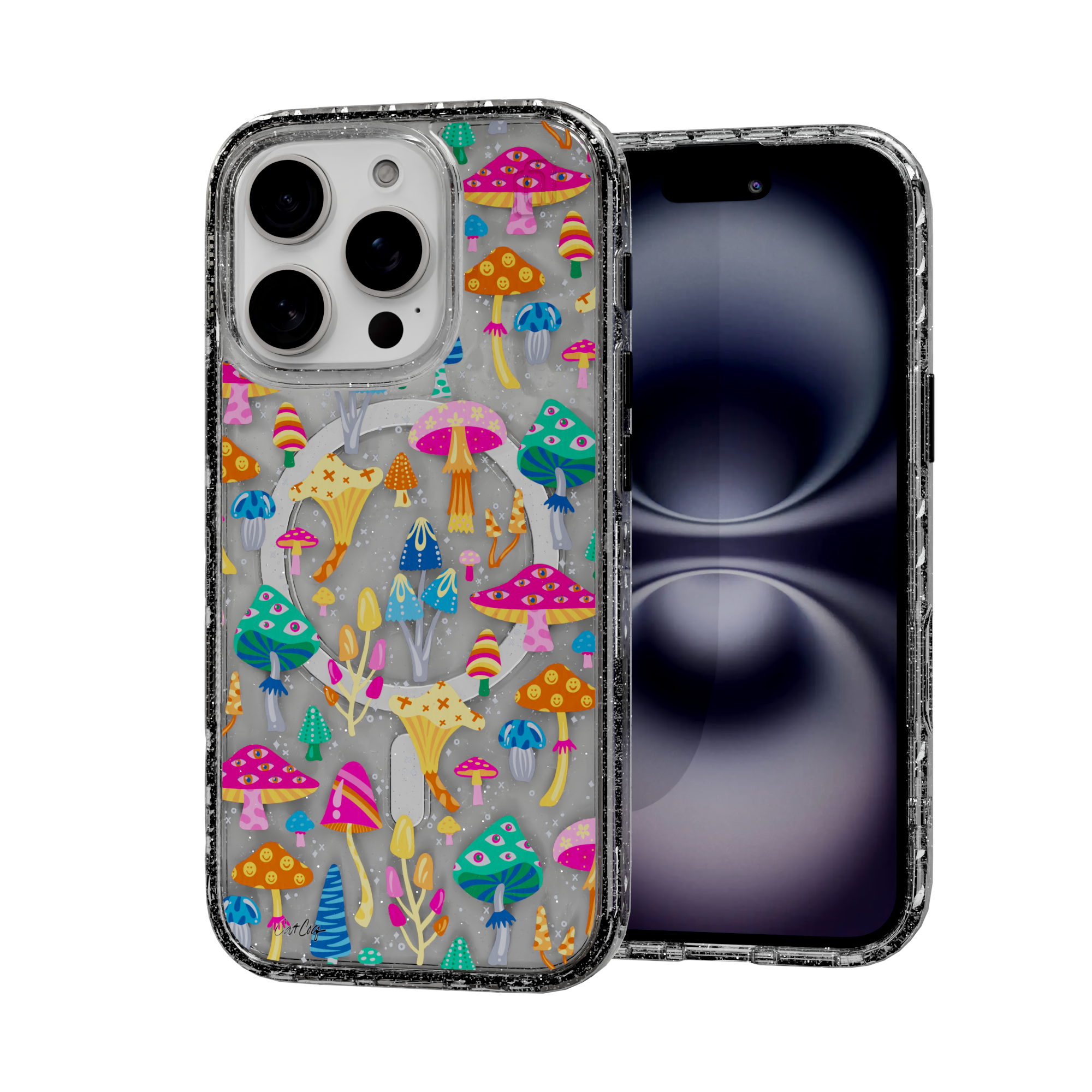 Mystic Mushrooms by CatCoq | iPhone 16 Series |  MagSafe® Case iPhone 16 Pro / Crystal Clear Sparkle