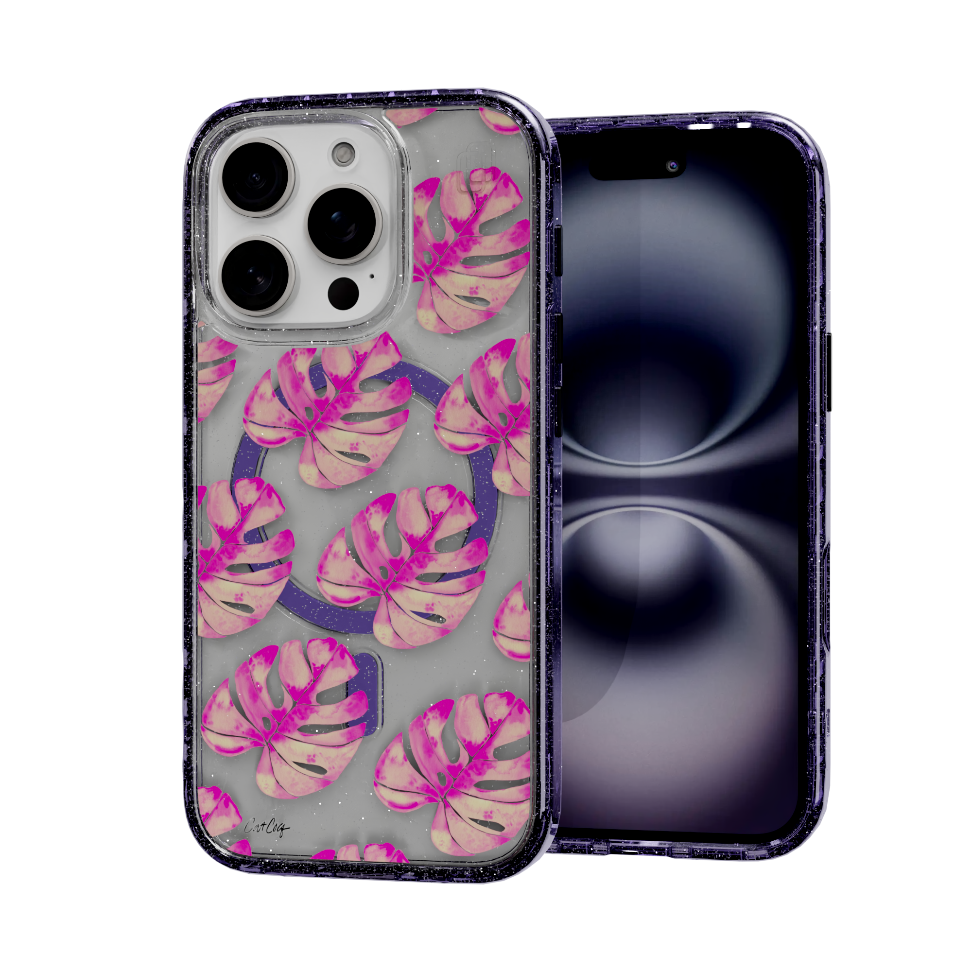 Pink Monstera by CatCoq | iPhone 16 Series |  MagSafe® Case iPhone 16 Pro / Lilac Purple Sparkle