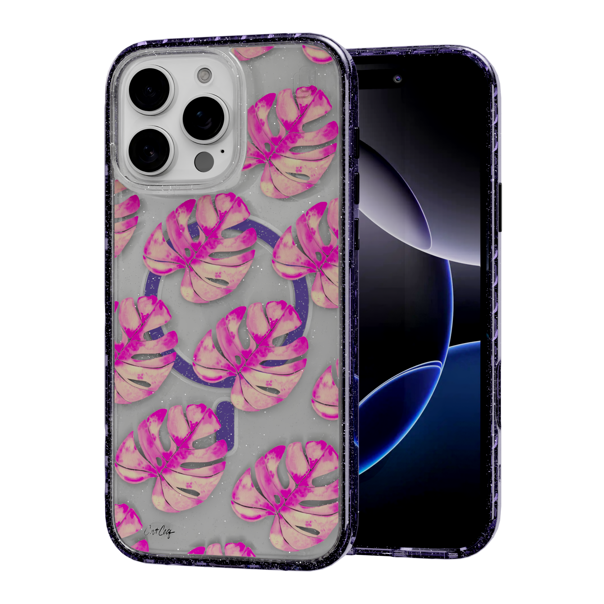 Pink Monstera by CatCoq | iPhone 16 Series |  MagSafe® Case iPhone 16 Pro Max / Lilac Purple Sparkle