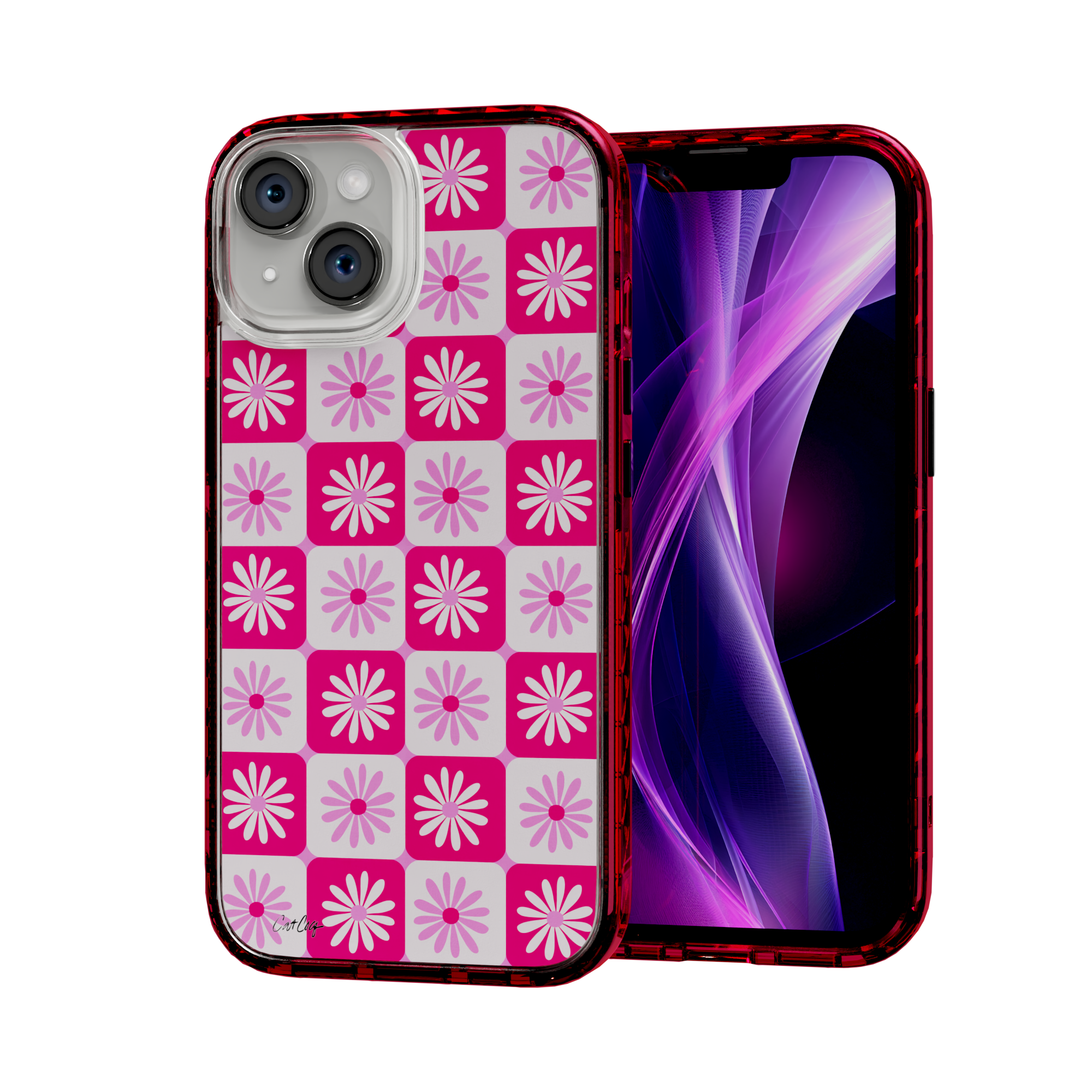 Checkered Daisies by CatCoq | iPhone 14 Series |  MagSafe® Case iPhone 14 / Turbo Red