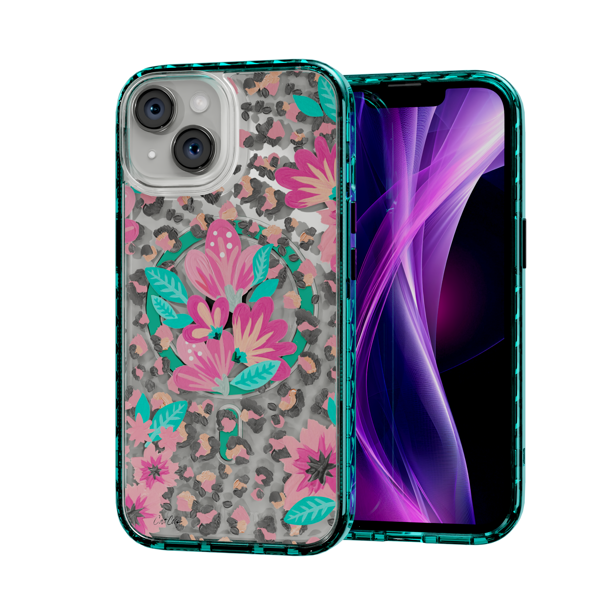 Floral Leopard by CatCoq | iPhone 14 Series |  MagSafe® Case iPhone 14 / Seafoam Green