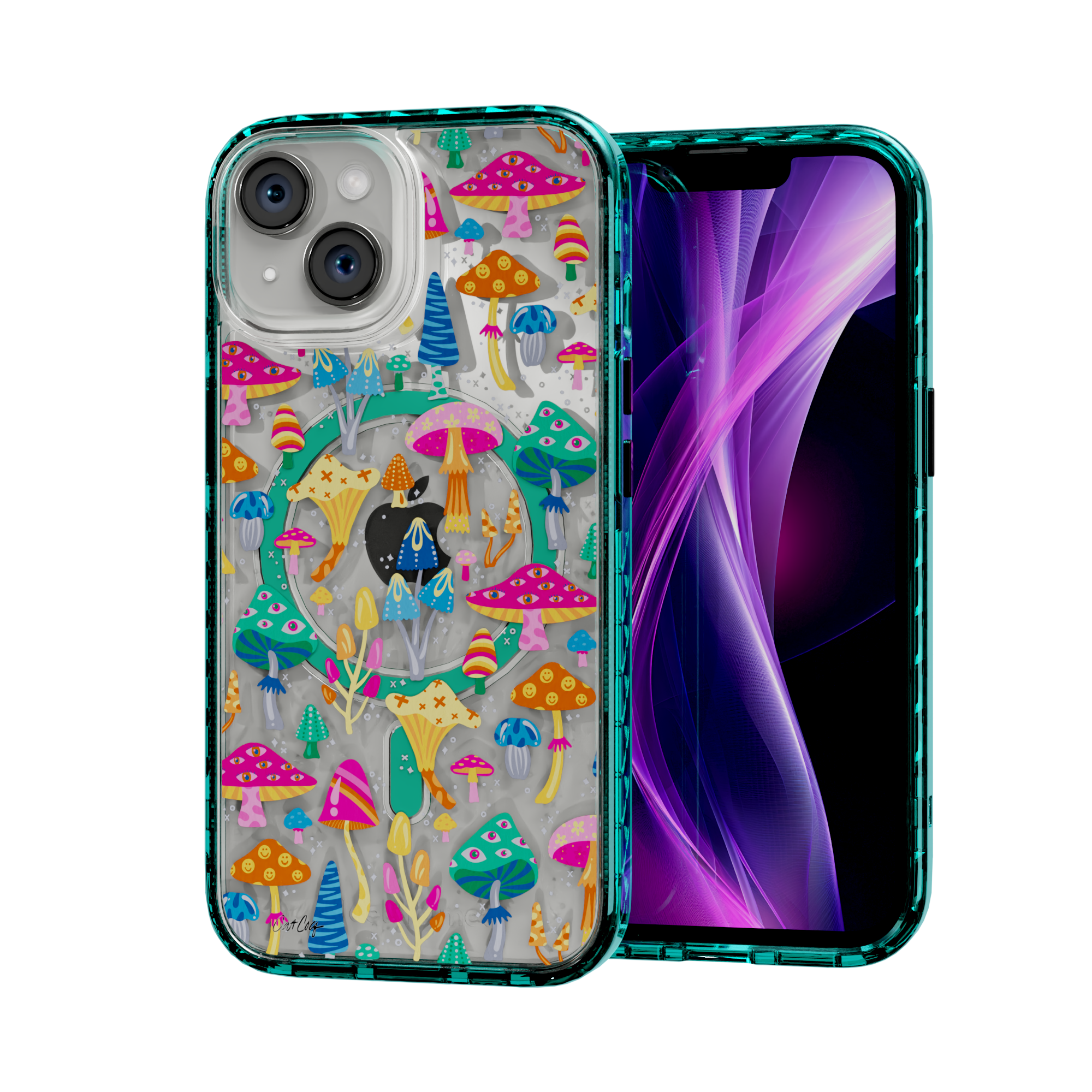 Mystic Mushrooms by CatCoq | iPhone 14 Series |  MagSafe® Case iPhone 14 / Seafoam Green