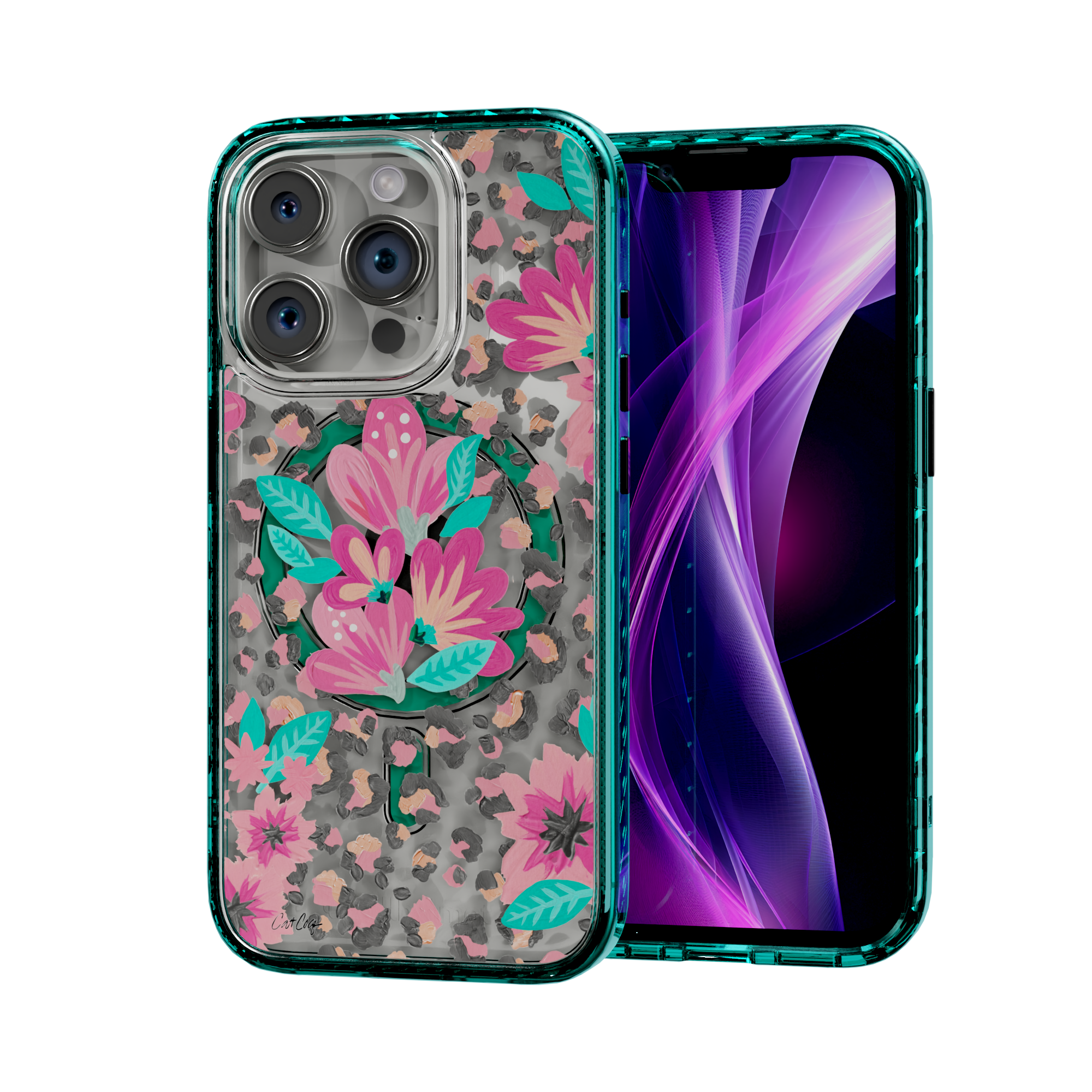 Floral Leopard by CatCoq | iPhone 14 Series |  MagSafe® Case iPhone 14 Pro / Seafoam Green