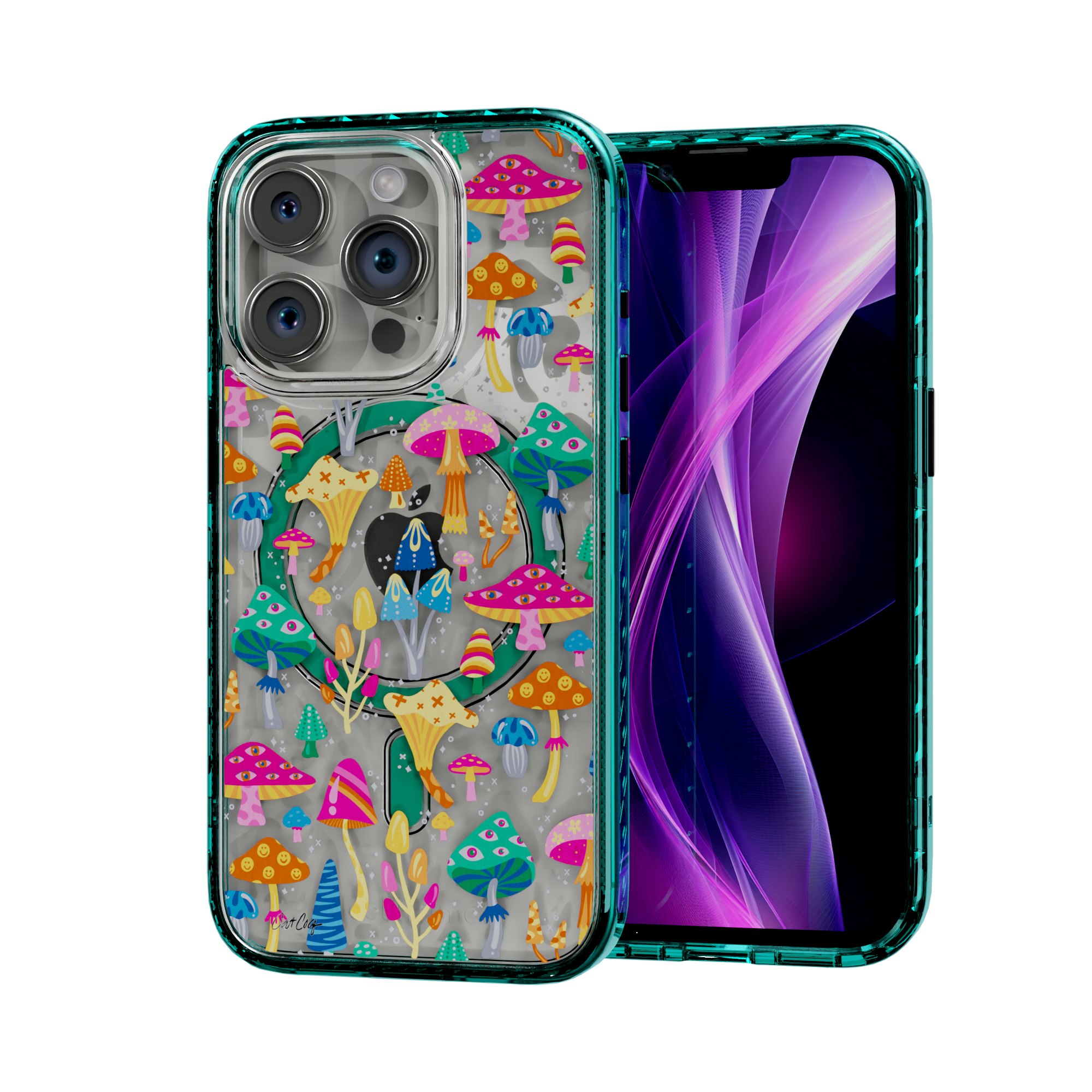 Mystic Mushrooms by CatCoq | iPhone 14 Series |  MagSafe® Case iPhone 14 Pro / Seafoam Green