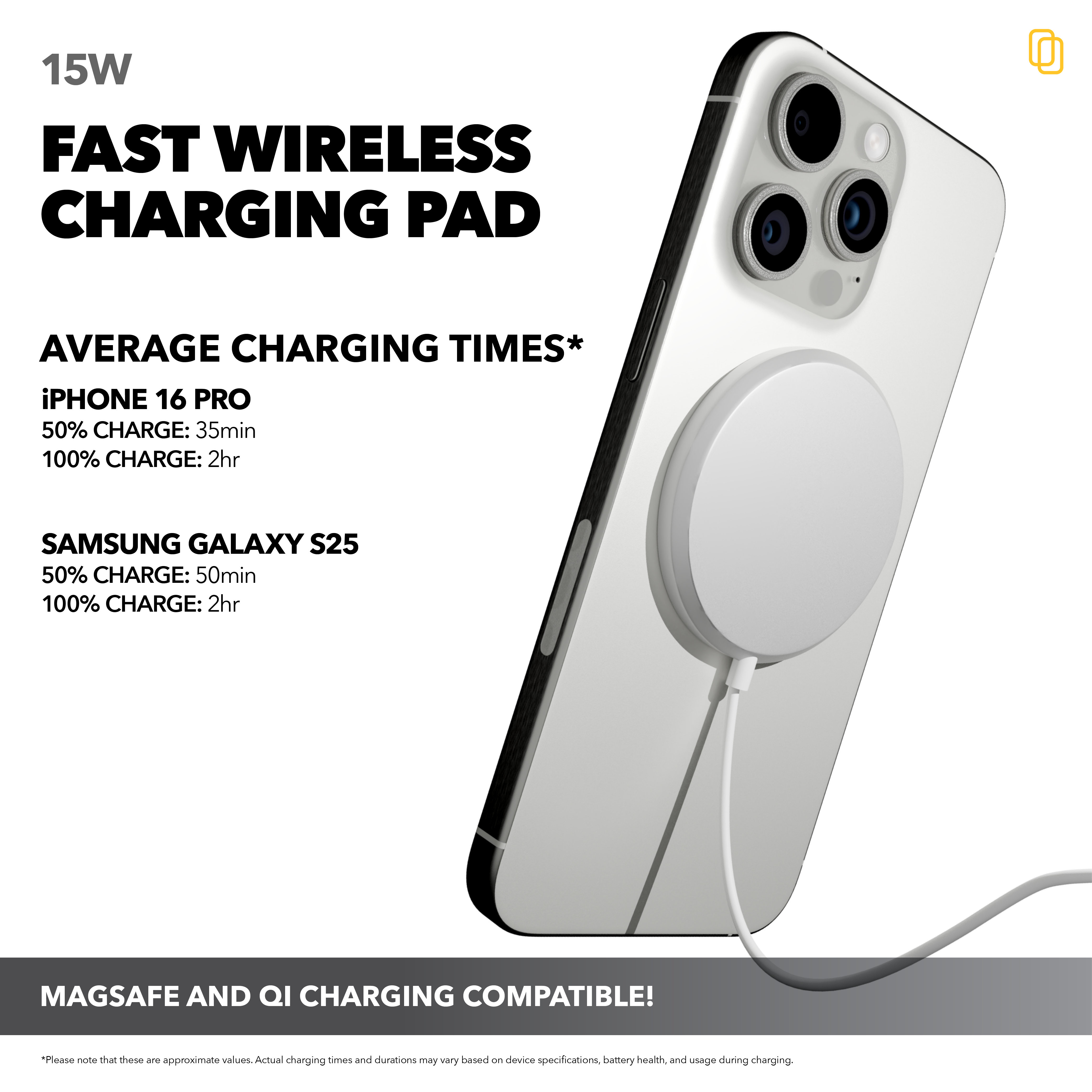 Fast Wireless Charging Pad w/ Magnetic Alignment Technology - Aluminum w/ Glass Surface (15W)