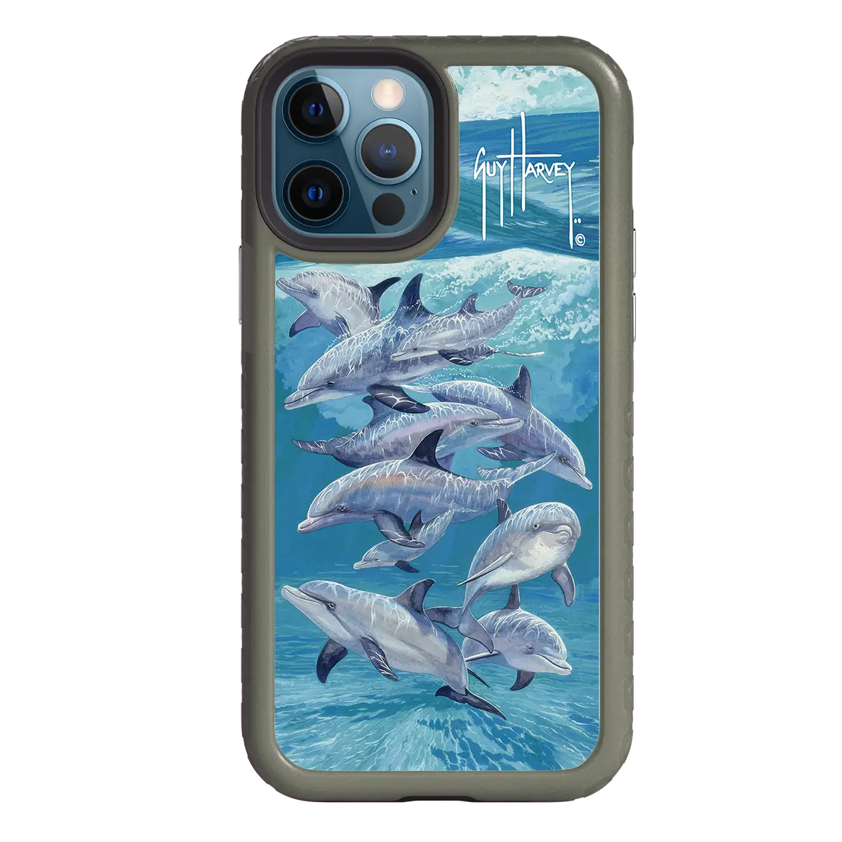 Guy Harvey Fortitude Series for Apple iPhone 12 / 12 Pro - Bottlenose Dolphins - Custom Case - OliveDrabGreen - cellhelmet