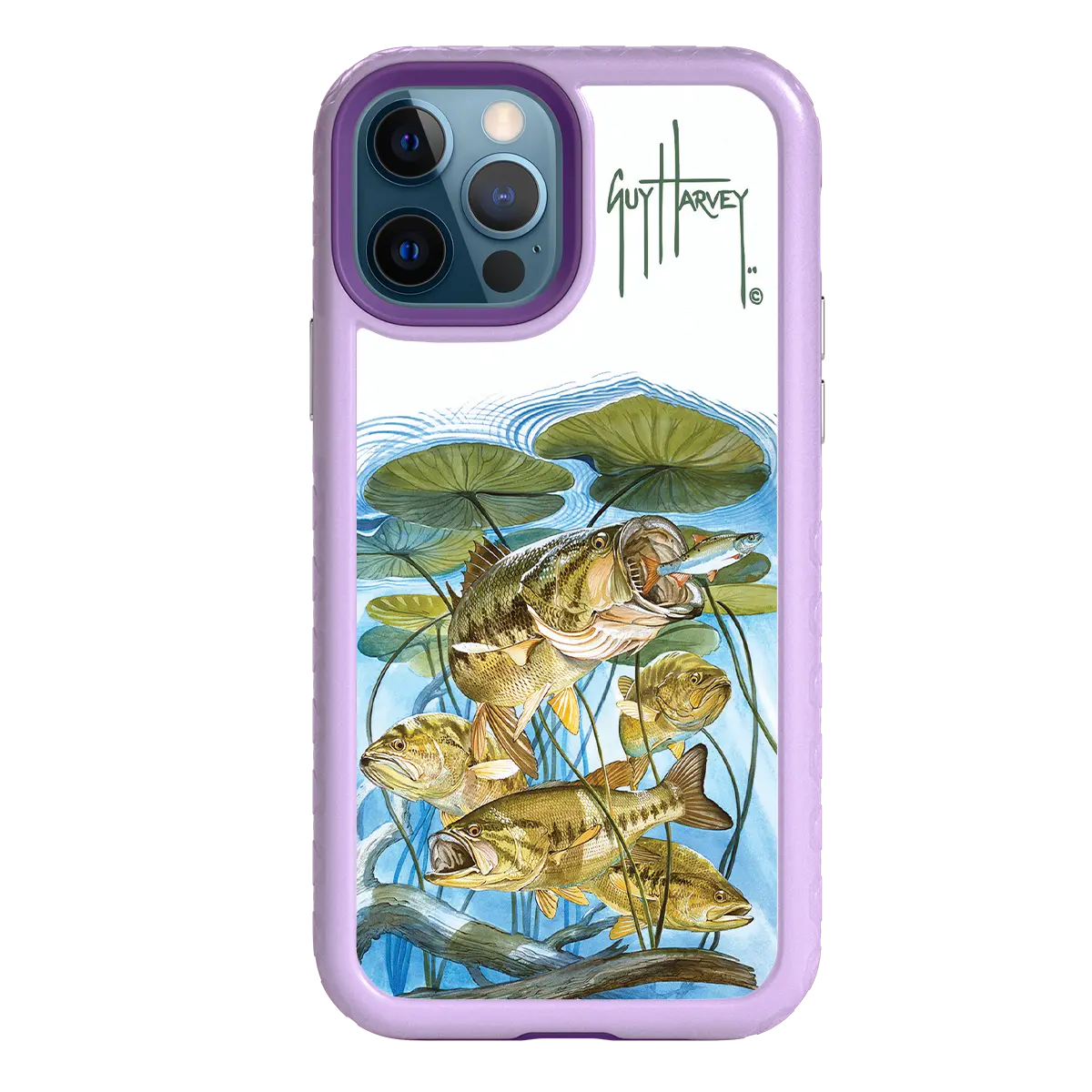 Guy Harvey Fortitude Series for Apple iPhone 12 / 12 Pro - Five Largemouth Under Lilypads - Custom Case - LilacBlossom - cellhelmet