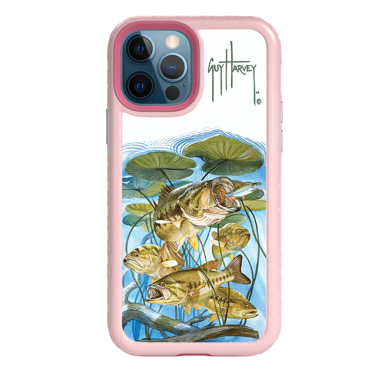 Guy Harvey Fortitude Series for Apple iPhone 12 / 12 Pro - Five Largemouth Under Lilypads - Custom Case - PinkMagnolia - cellhelmet