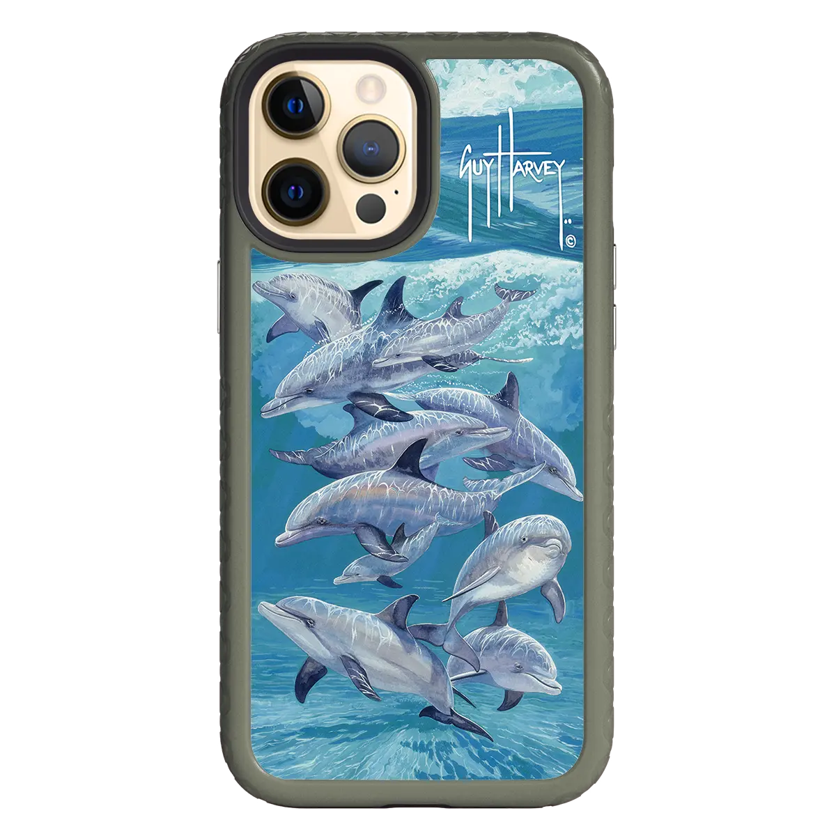 Guy Harvey Fortitude Series for Apple iPhone 12 Pro Max - Bottlenose Dolphins - Custom Case - OliveDrabGreen - cellhelmet