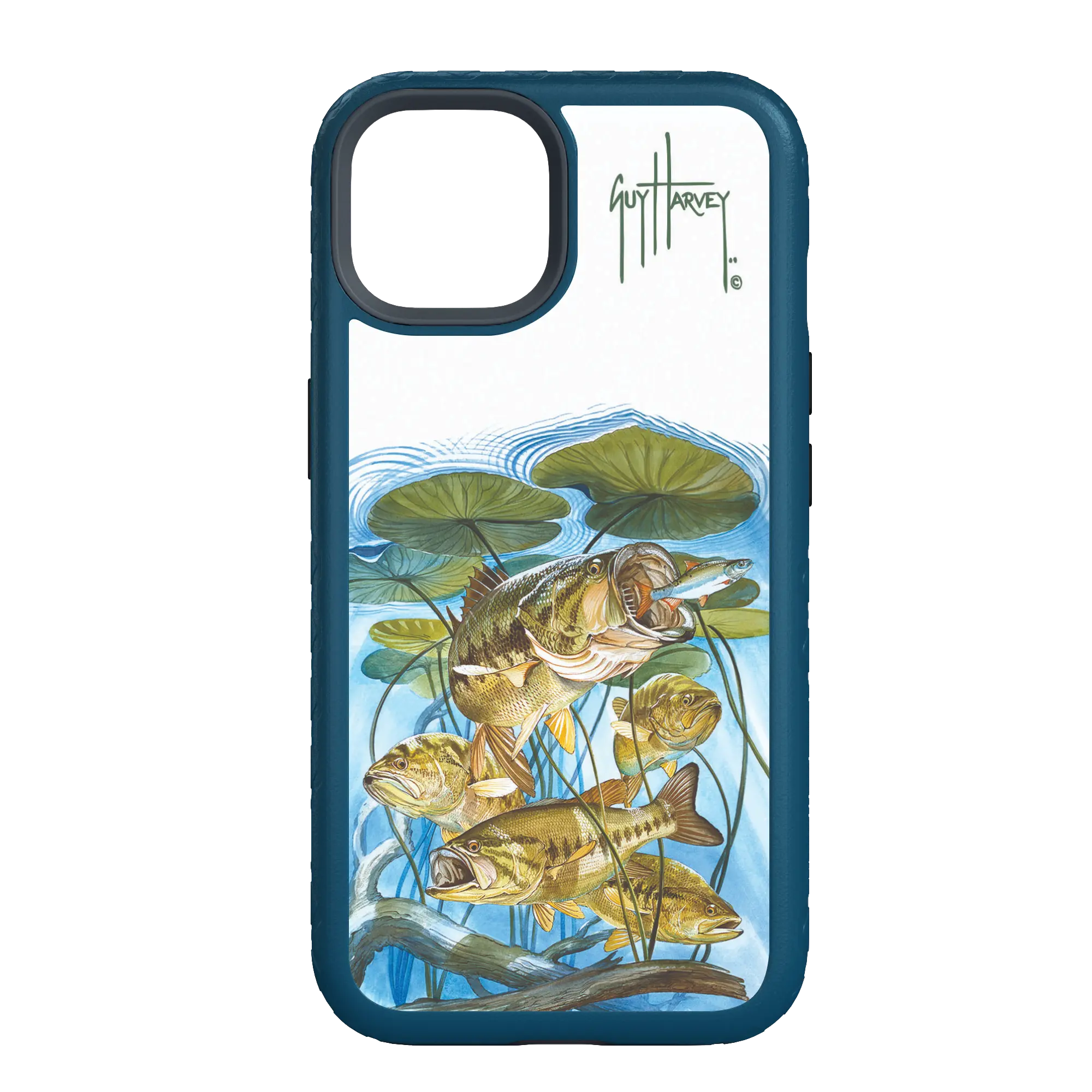 Guy Harvey Fortitude Series for Apple iPhone 14 - Five Largemouth Under Lilypads - Custom Case - DeepSeaBlue - cellhelmet