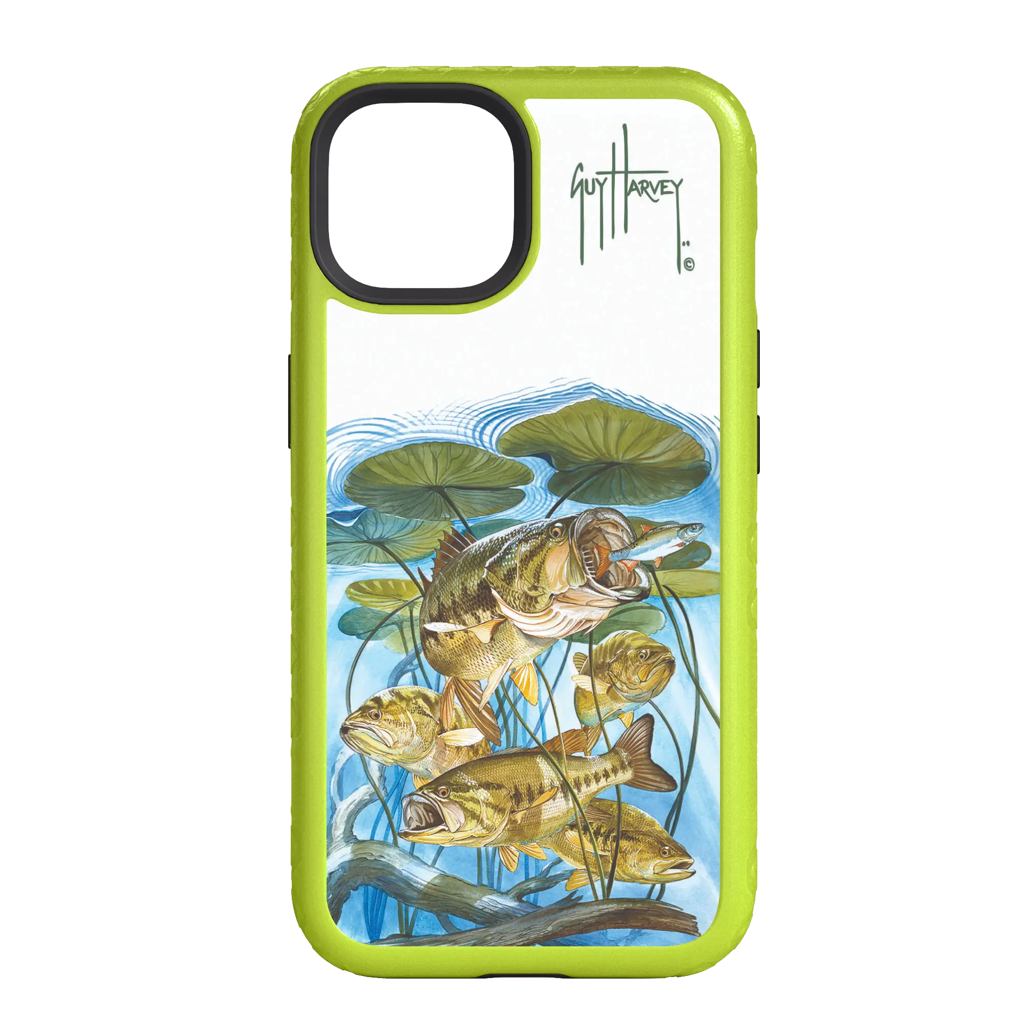 Guy Harvey Fortitude Series for Apple iPhone 14 - Five Largemouth Under Lilypads - Custom Case - ElectricLime - cellhelmet