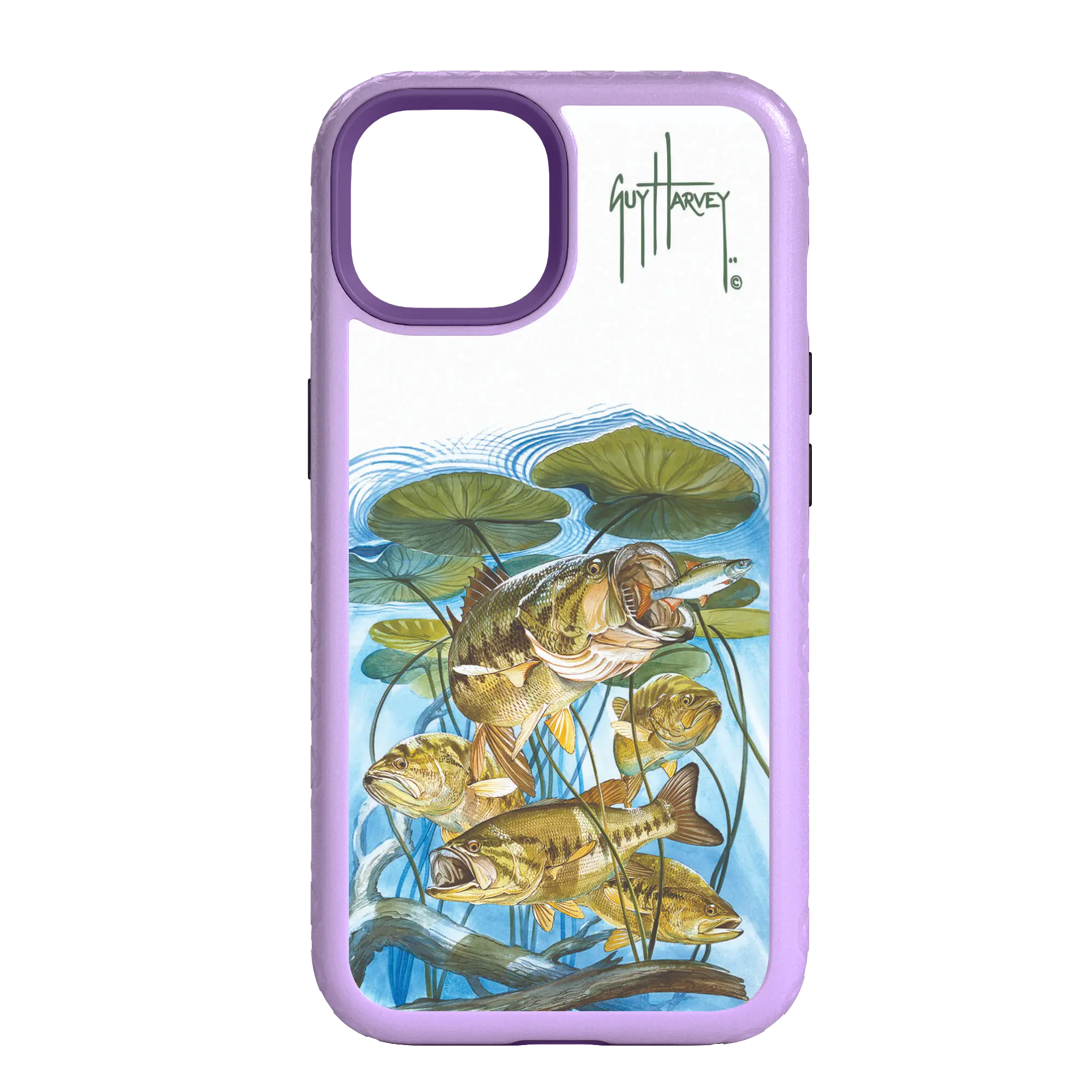 Guy Harvey Fortitude Series for Apple iPhone 14 - Five Largemouth Under Lilypads - Custom Case - LilacBlossomPurple - cellhelmet