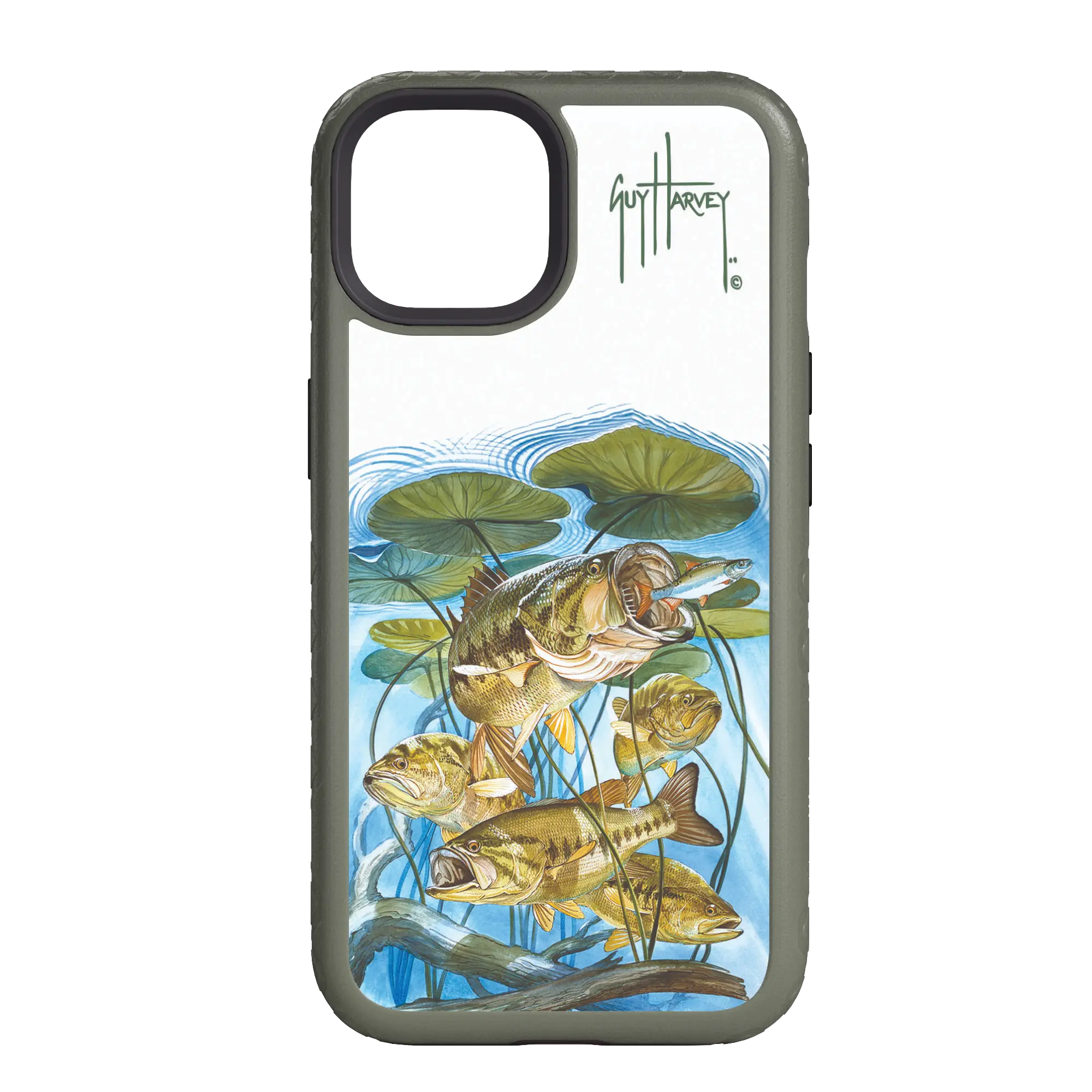 Guy Harvey Fortitude Series for Apple iPhone 14 - Five Largemouth Under Lilypads - Custom Case - OliveDrabGreen - cellhelmet