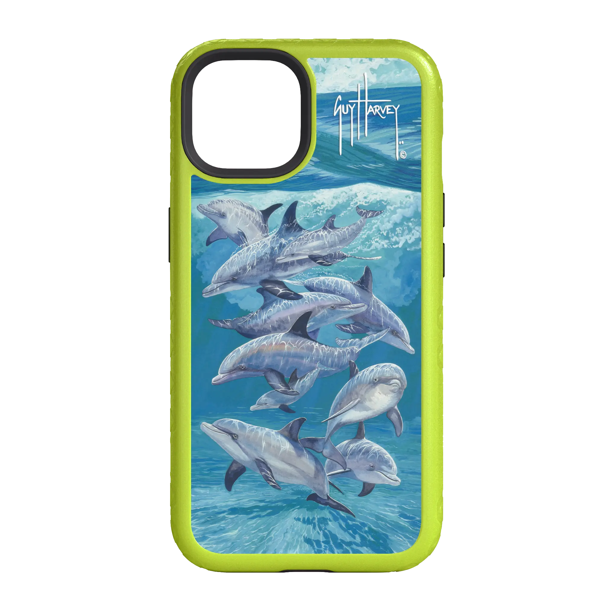 Guy Harvey Fortitude Series for Apple iPhone 14 Pro - Bottlenose Dolphins - Custom Case - ElectricLime - cellhelmet