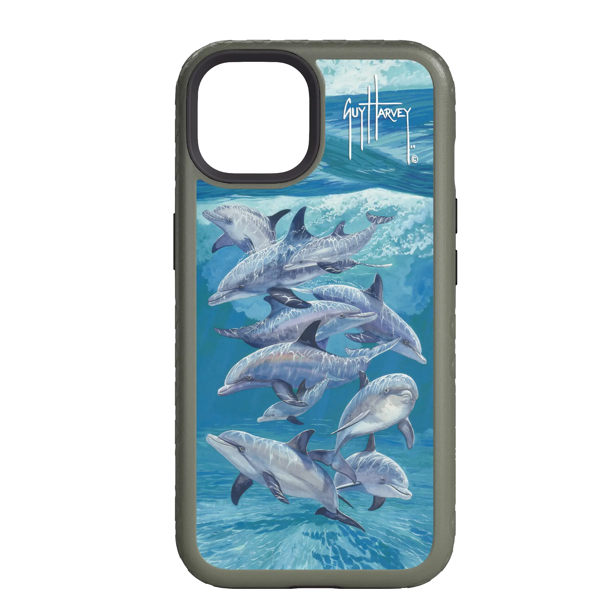 Guy Harvey Fortitude Series for Apple iPhone 14 Pro - Bottlenose Dolphins - Custom Case - OliveDrabGreen - cellhelmet