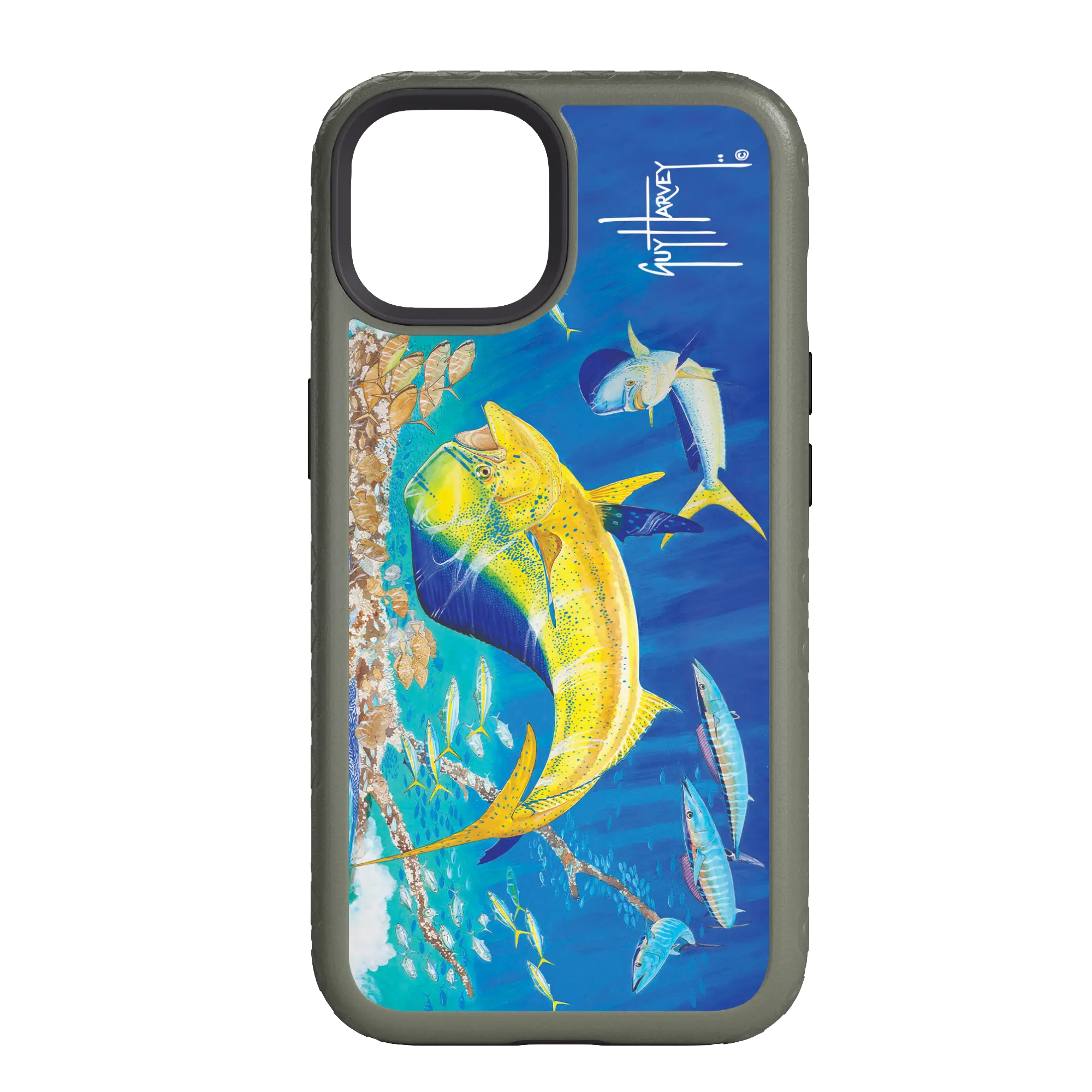 Guy Harvey Fortitude Series for Apple iPhone 14 Pro - Dolphin Oasis - Custom Case - OliveDrabGreen - cellhelmet