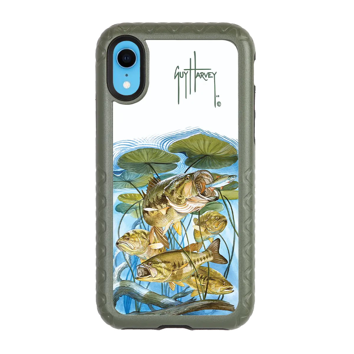 Guy Harvey Fortitude Series for Apple iPhone XR - Five Largemouth Under Lilypads - Custom Case - OliveDrabGreen - cellhelmet